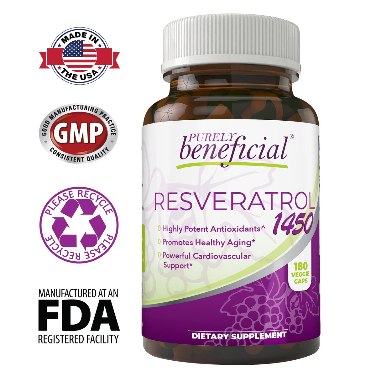 PURELY beneficial RESVERATROL1450-90day Supply, 1450mg per Serving of Potent Antioxidants & Trans-Resveratrol, Promotes Anti-Aging, Cardiovascular Support, Maximum Benefits(1bottle)