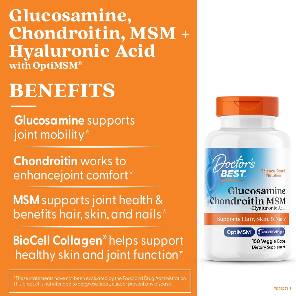 Buy now Doctor's Best Glucosamine Chondroitin MSM + Hyaluronic Acid with OptiMSM Featuring Biocell Collagen, Joint Support, Non-GMO, Gluten & Soy Free, 150 Caps at indiglob india