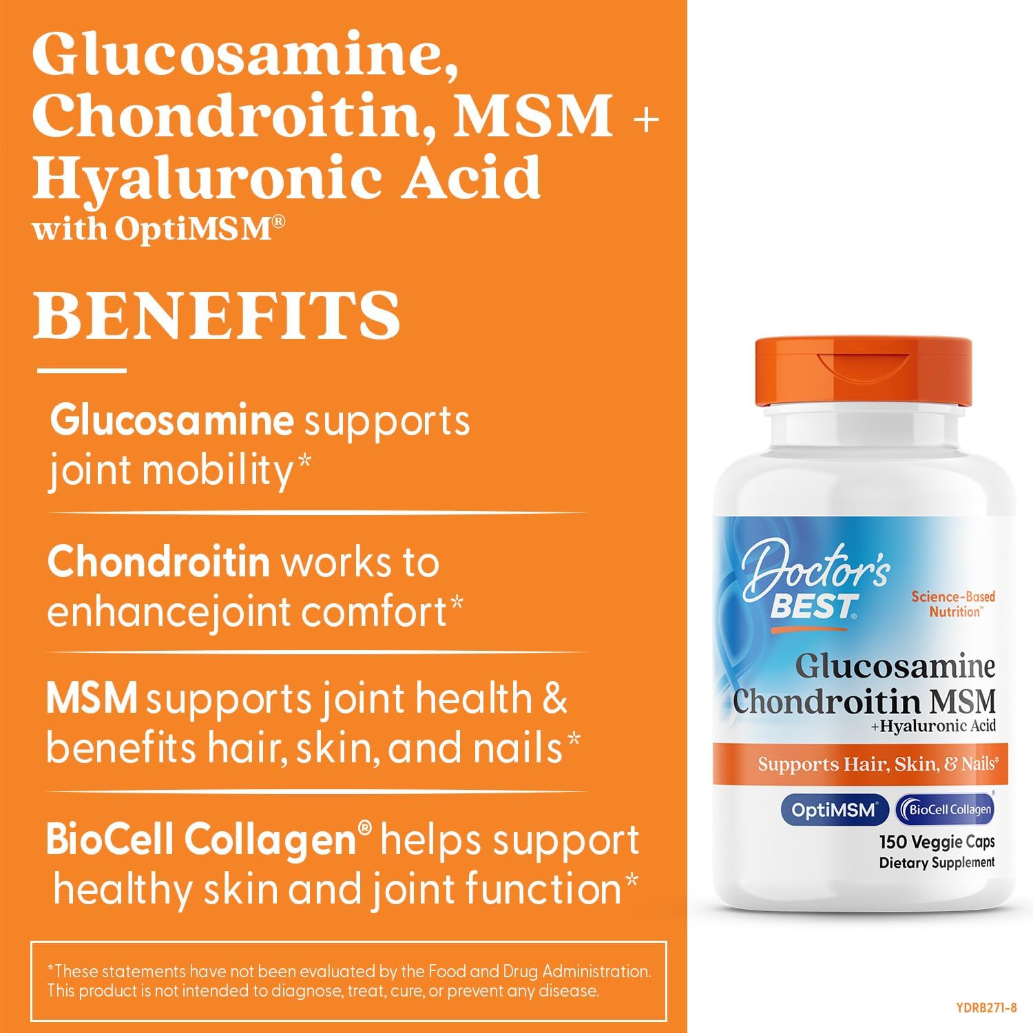 Buy now Doctor's Best Glucosamine Chondroitin MSM + Hyaluronic Acid with OptiMSM Featuring Biocell Collagen, Joint Support, Non-GMO, Gluten & Soy Free, 150 Caps at indiglob india