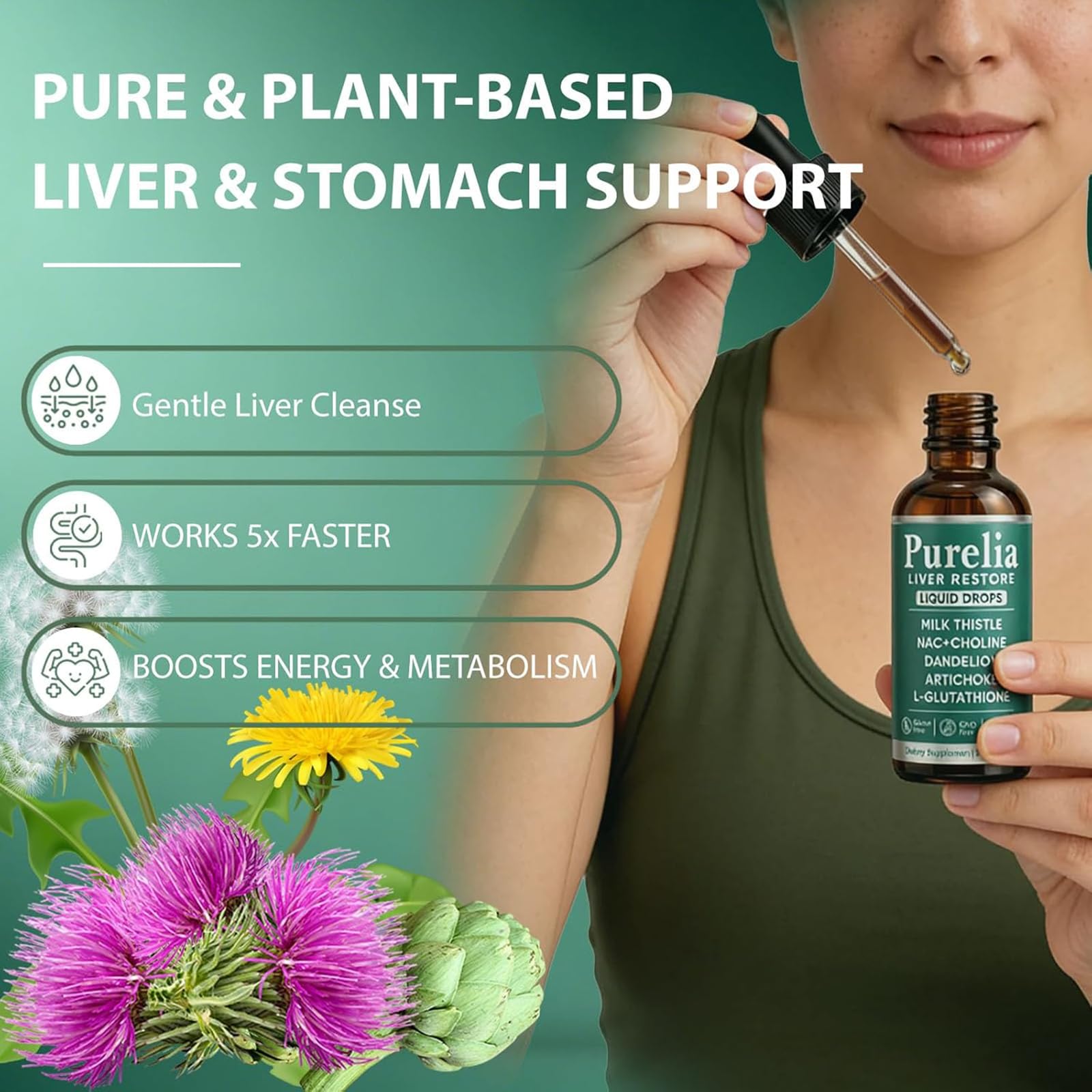 Purelia Liver Restore Drops – Complete Liver Detox Support Supplement with Milk Thistle, Dandelion & L-Glutathione for Liver Cleanse & Digestion Aid Health, 2 Fl Oz (1)