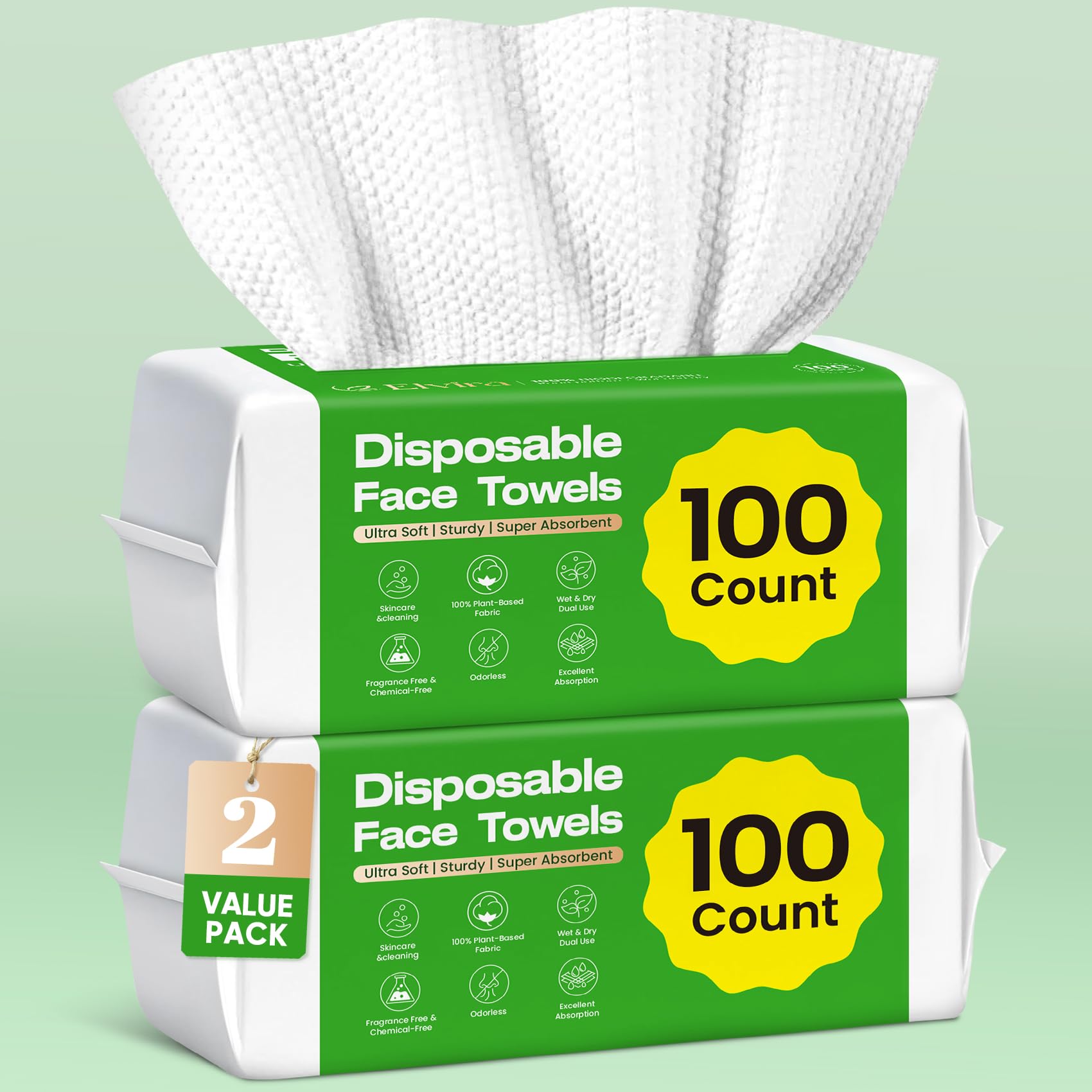 Elvira 100 Count Disposable Face Towels | Biodegradable, Ultra Soft & Thick, Lint-Free & Vegan, For Sensitive Skin, Travel Essential