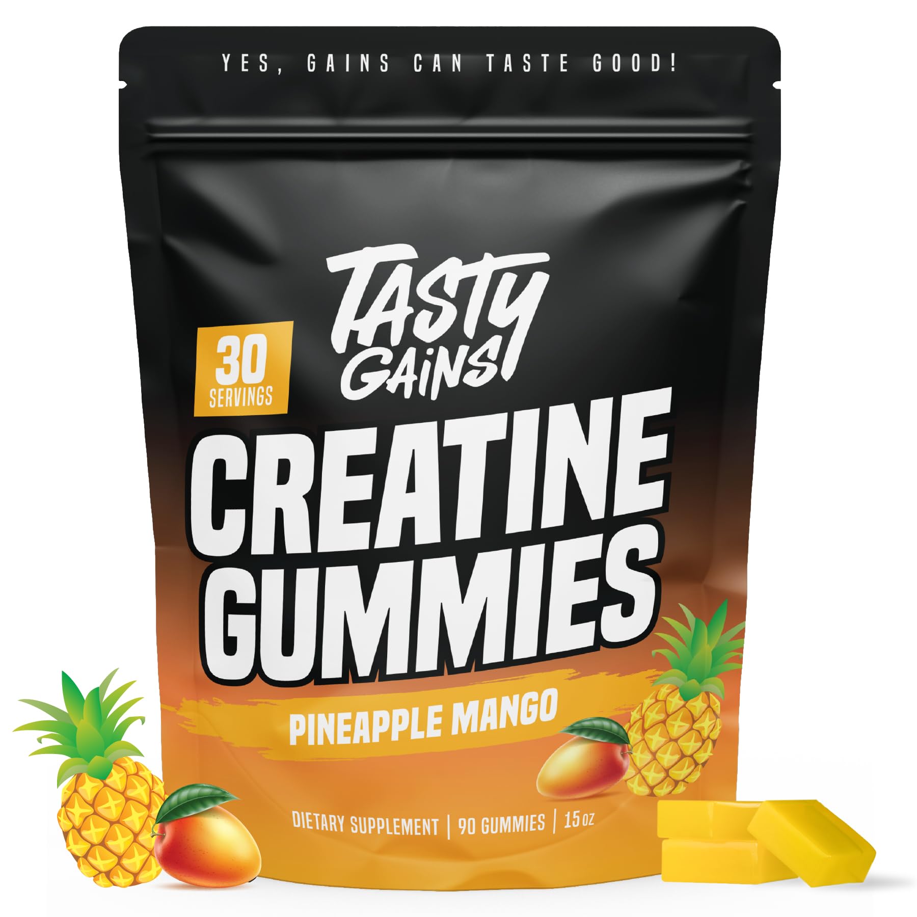 TASTY GAINS Creatine Gummies - 90g of Creatine Monohydrate - Workout Supplements - Build Muscle & Boost Strength for Men & Women - Made in USA - Non GMO - Vegan Friendly (Large, Pineapple Mango)