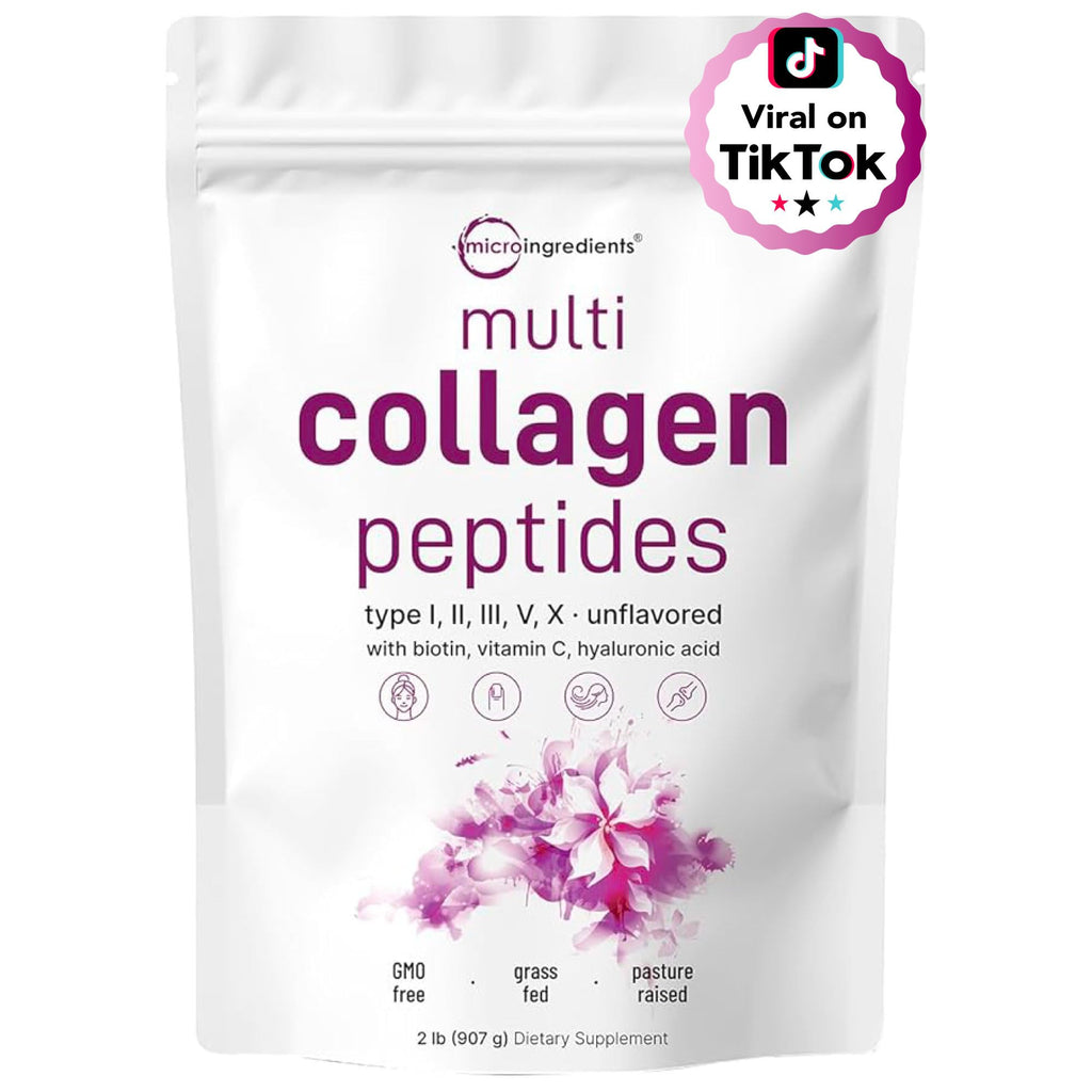 Micro Ingredients Multi Collagen Peptides Powder, 2lb (82 Servings) | Hydrolyzed Type I, II, III, V, X with Biotin, Hyaluronic Acid & Vitamin C. Unflavored Collagen for Women & Men, Easy Dissolve