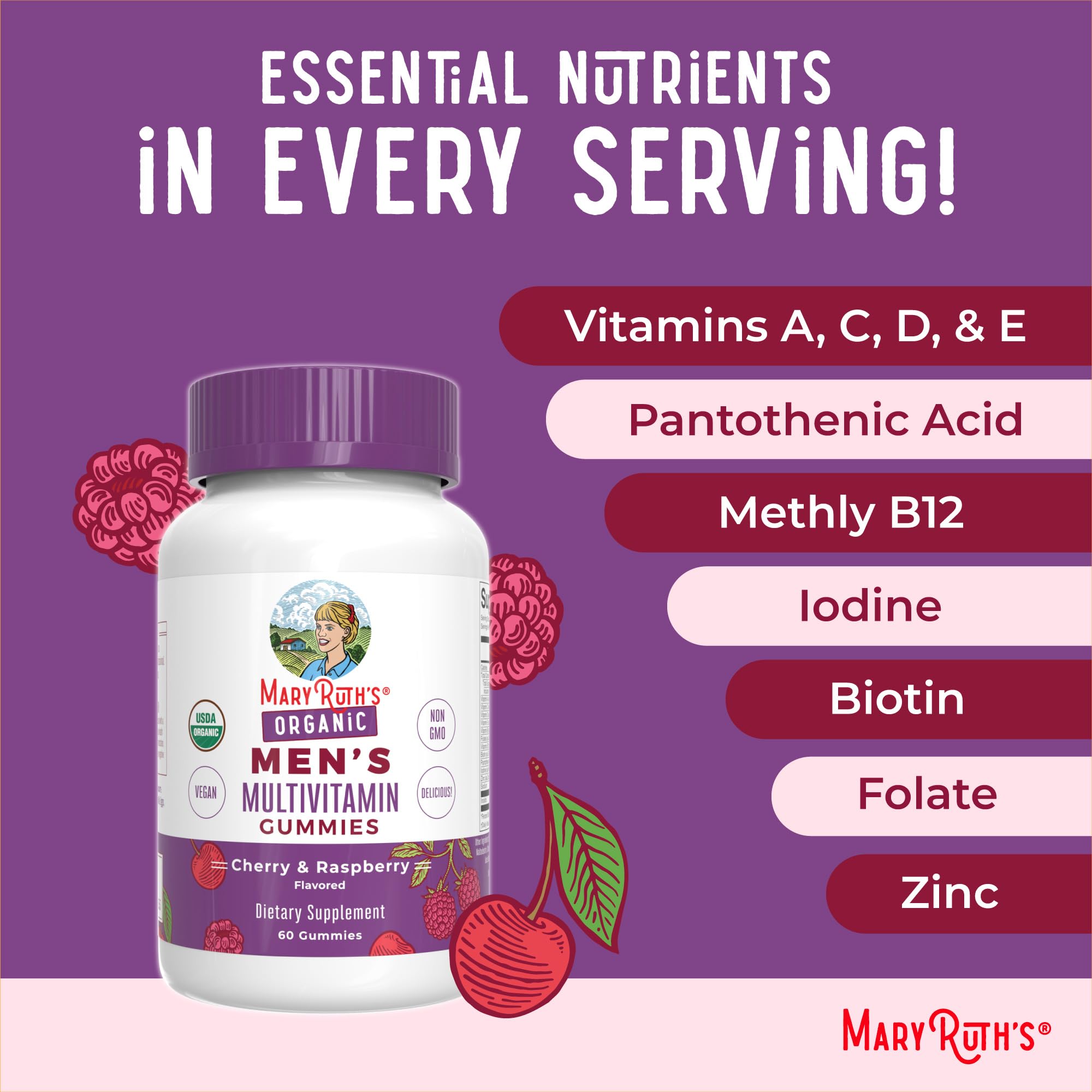 MARYRUTH'S Organic Men's Multivitamin Gummies, Vegan, Non-GMO, 60 Count | USDA, Vegan, Daily Multivitamins for Immune Support, Non-GMO, Gluten Free, 60 Count