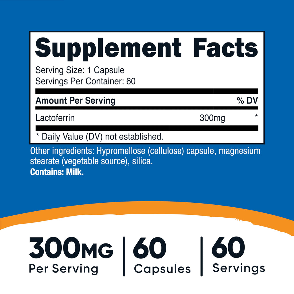 Nutricost Lactoferrin Capsules (60 Capsules, 300mg) 60 Servings, GMO-Free | Third-Party Tested, Gluten-Free, Vegetarian, GMP Compliant