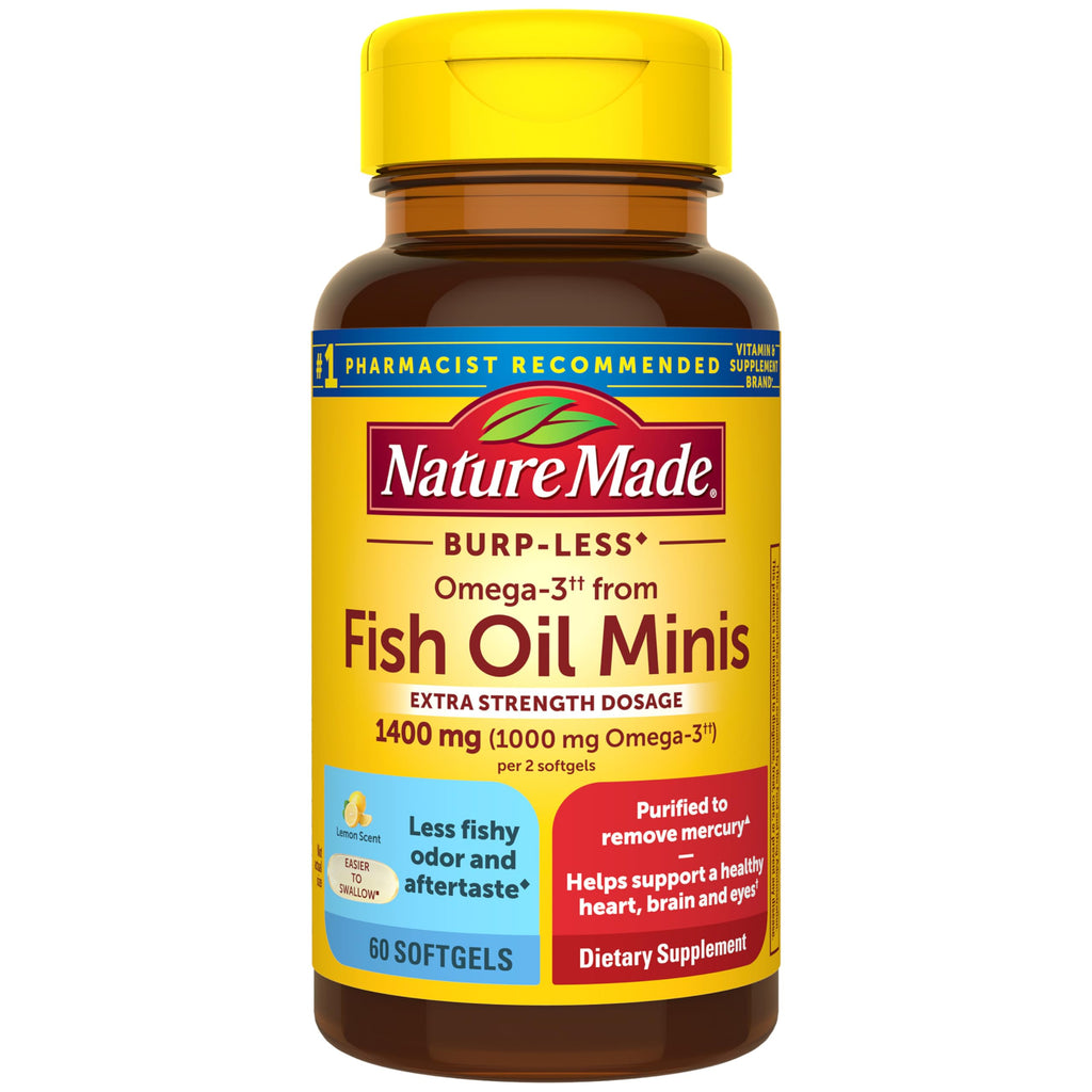 Nature Made Burp Less Fish Oil Omega 3, 1400 mg Minis, 60 Softgels | Extra Strength Dosage Omega 3 Supplements, Omega 3 Fish Oil as Ethyl Esters for Healthy Heart, Brain, Eye Support, 30 Days