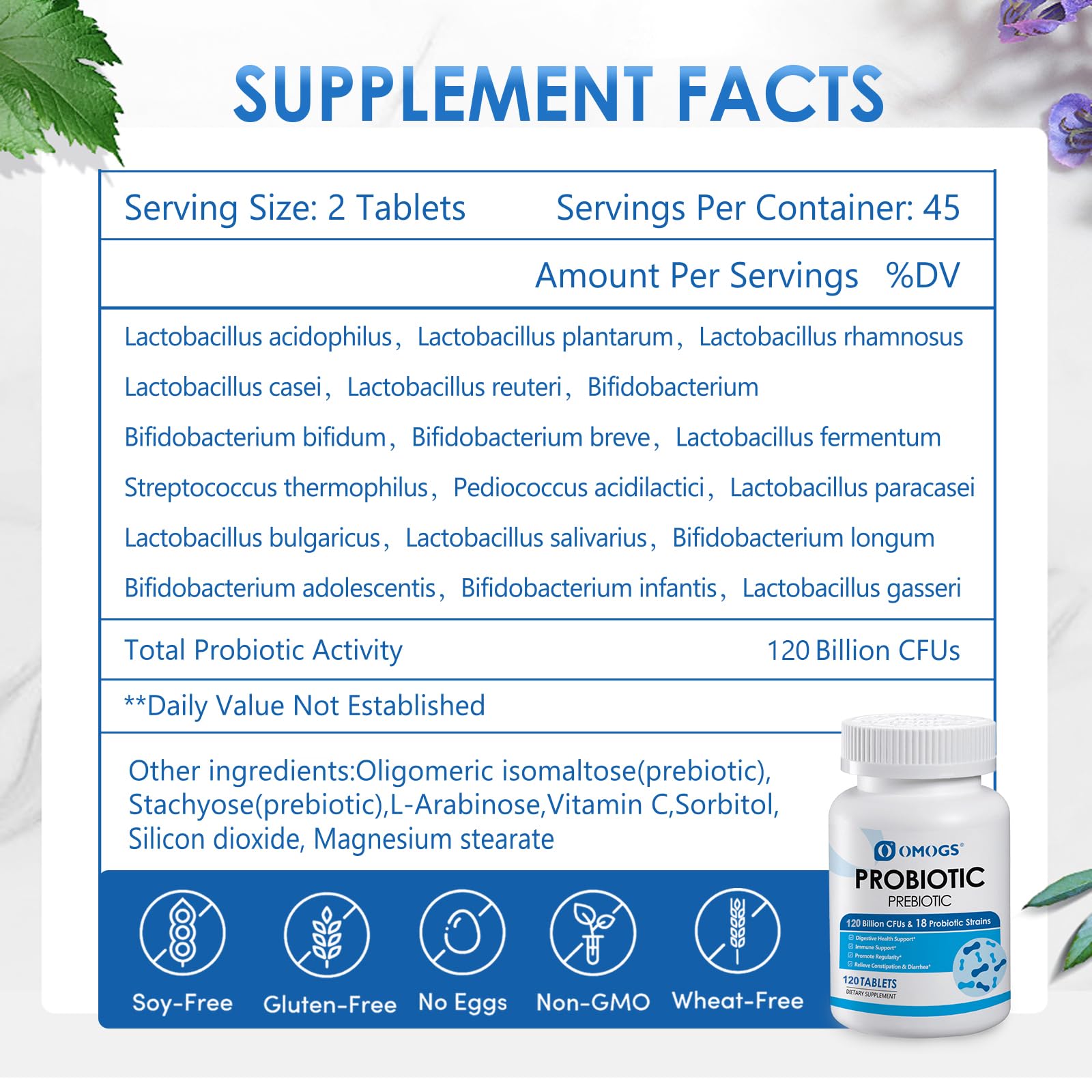 OMOGS Probiotics 120 Billion CFUs 18 Strains,with 3 Organic Prebiotics & Vitamin C,Nutritional Supplement for Women,Men & Kids,Support Metabolism,Immunity and Digestive Health,Non-GMO, 120 Tablets