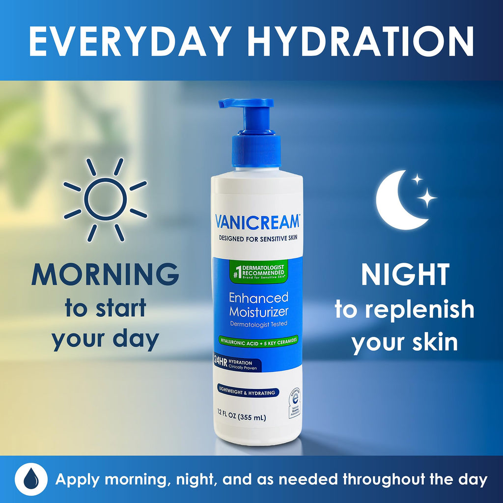 Vanicream Enhanced Moisturizer, 12 Fl Oz, Daily Body Lotion for Dry, Sensitive Skin, Clinically Tested 24Hr Hydration with Hyaluronic Acid, Glycerin & Ceramides, Formulated without Common Irritants