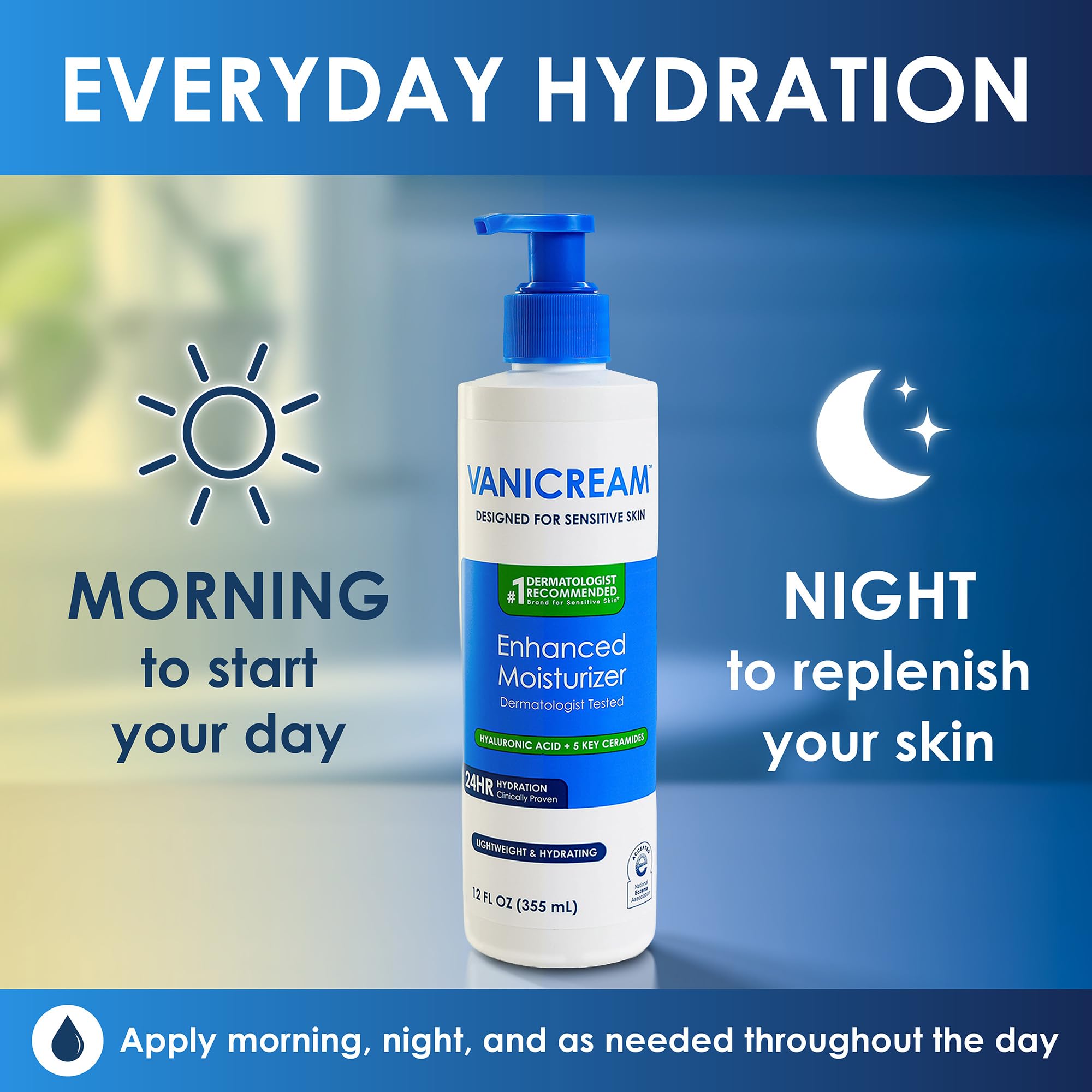 Vanicream Enhanced Moisturizer, 12 Fl Oz, Daily Body Lotion for Dry, Sensitive Skin, Clinically Tested 24Hr Hydration with Hyaluronic Acid, Glycerin & Ceramides, Formulated without Common Irritants
