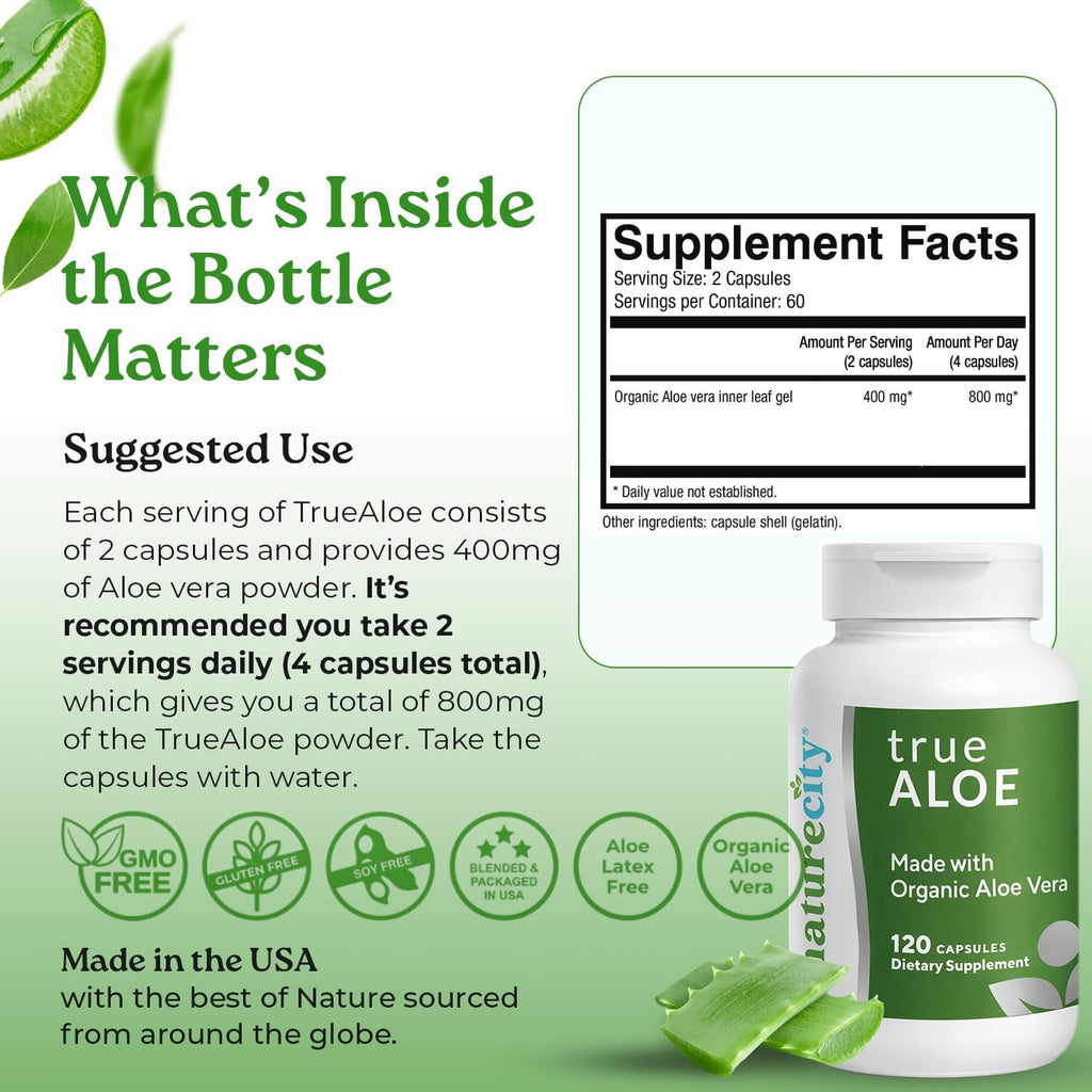 TrueAloe Organic Aloe Vera Capsules - Supports Digestive Balance, Joints and Stomach Comfort - Plant-Based Aloe Barbadensis Powder - Easy-to-Swallow Single Ingredient Formula - 720 Caps