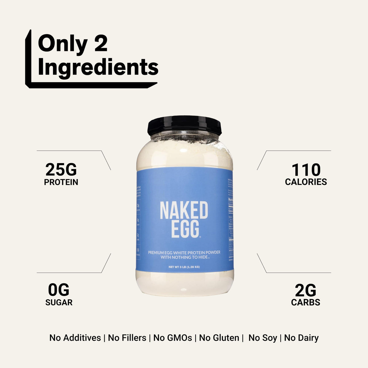 Naked 3LB Non-GMO Egg White Protein Supplement Powder, Unflavored, No Additives, Paleo, Dairy Free, Gluten Free, Soy Free – 25g Protein, 44 Servings, 3 pounds
