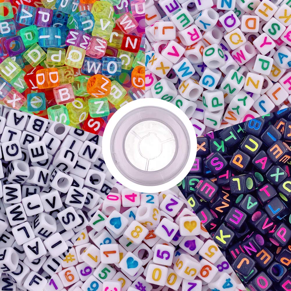 1000 Pcs Letter Beads Acrylic Cube Beads Alphabet Bead Number Bead with Elastic String for Jewelry Making