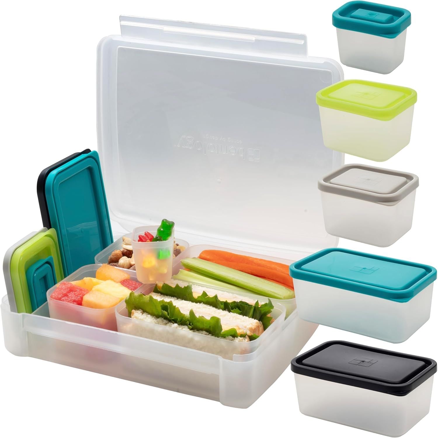 Buy now BentologyTM Clear Bento Lunch Box Set w 5 Removable Nesting Containers- Adapt Inner Compartment Portion Sizes- Meal Prep Snack Holders for Back to School, Leakproof Durable & BPA Free- Dishwasher Safe Clear Multi Color at indiglob india