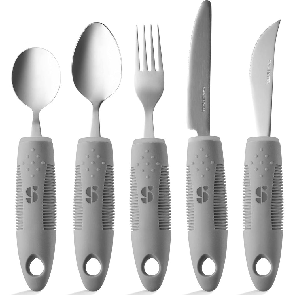 Buy now Special Supplies Adaptive Utensils (5-Piece Kitchen Set) Wide, Non-Weighted, Non-Slip Handles for Hand Tremors, Arthritis, Parkinsonâ€™s or Elderly Use (Black) Gray at indiglob india