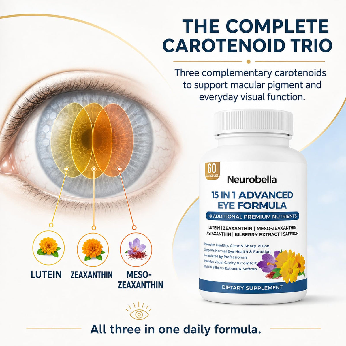 15-in-1 Advanced Eye Formula, Eye Vitamins with Lutein, Zeaxanthin & Meso-Zeaxanthin, Bilberry, Saffron & Astaxanthin, Eye Care Health Support and Mineral Supplement, 60 Capsules