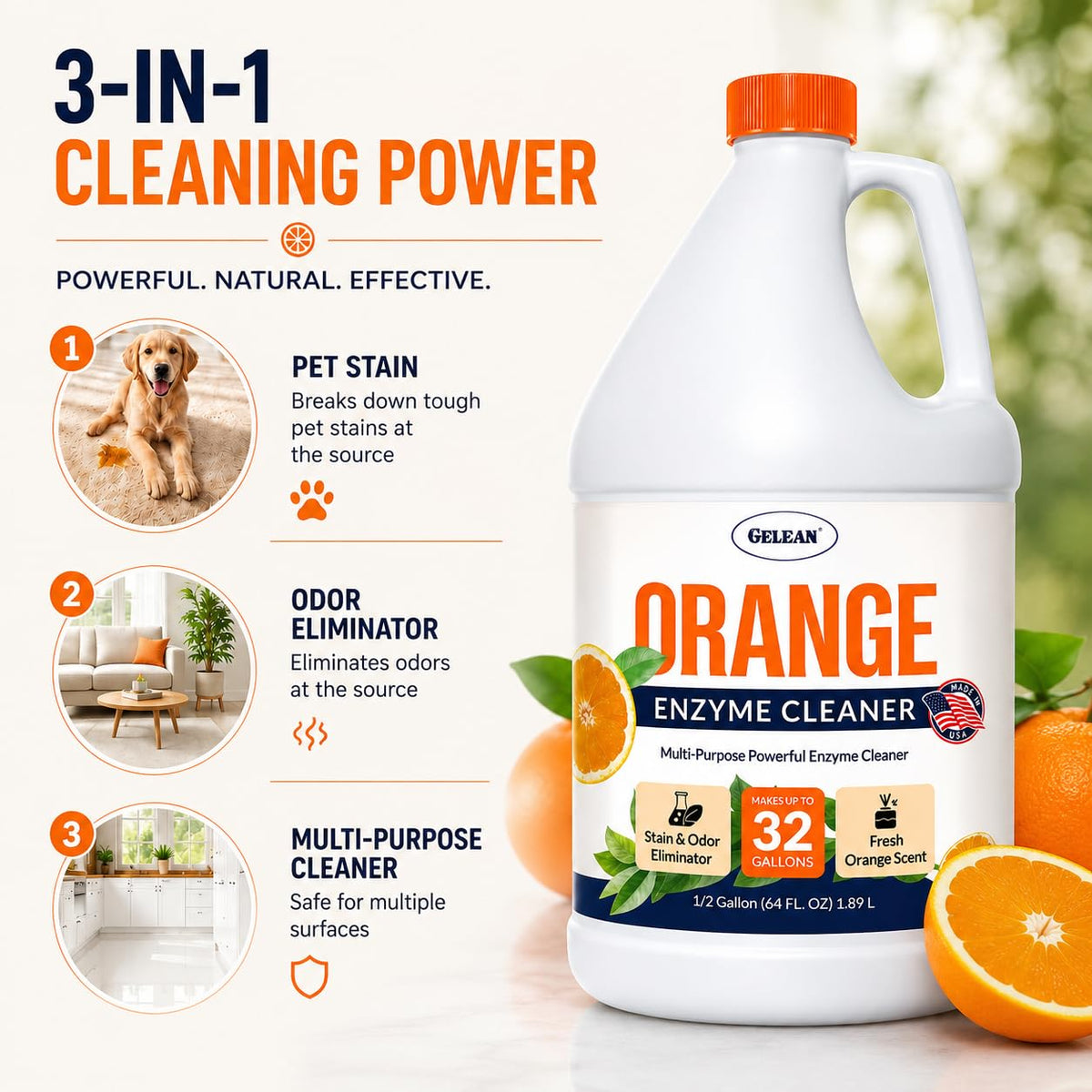 Multi-Purpose Probiotic Enzyme orange Cleaner, 1/2 Gallon (64 oz.) - Pet Stain and Odor Remover - Concentrated - Professional & Home Strength Drains, Floors, Bathrooms, Toilets Trash Can, Made in USA