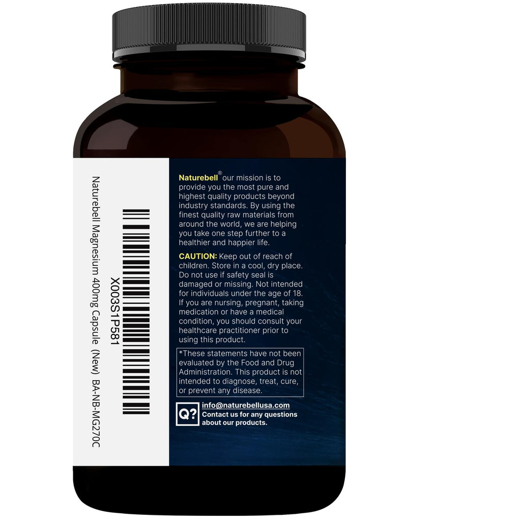 NatureBell Magnesium Glycinate 400mg Elemental, 270 Capsules | 100% Chelated for High Absorption | Supports Muscle, Bone & Heart Health | Non-GMO, Gluten-Free, Vegan