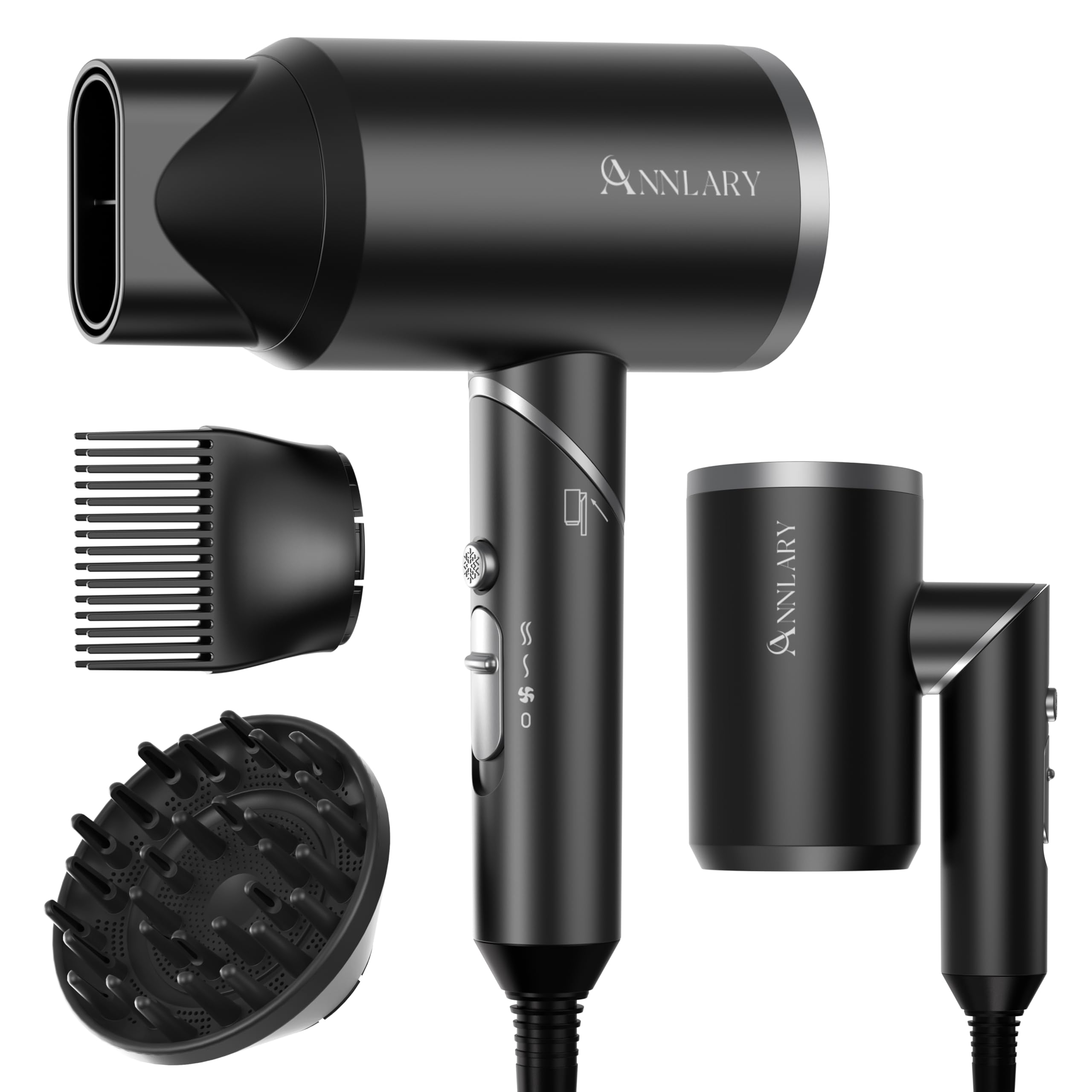 ANNLARY Hair Dryer with Comb, ANNLARY 1800W Blow Dryer with Diffuser for Curly Hair, Plasma Ionic Hair Dryer for Frizz Control, Foldable Portable Low Noise Hairdryer, 6.5 ft ALCI Cord （Pink）