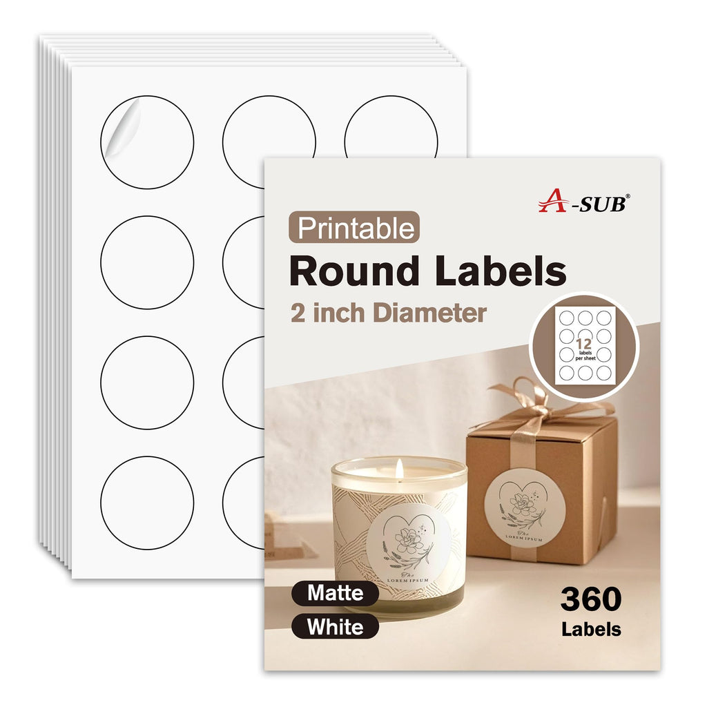 A-SUB 2 inch Round Labels for Inkjet & Laser Printer, 360 Pcs