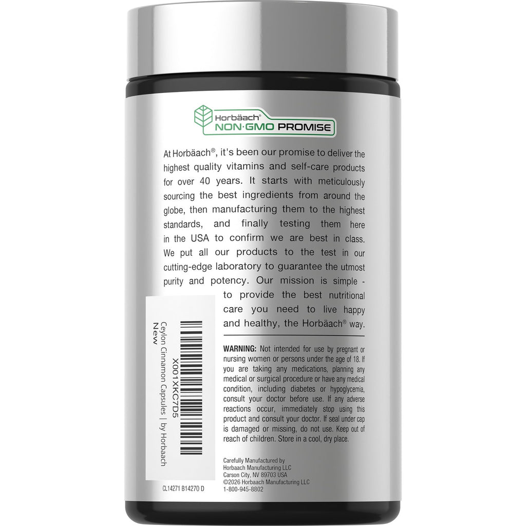 Horbäach Ceylon Cinnamon Supplement | 150 Capsules | Herbal Extract Pills | Non-GMO & Gluten Free