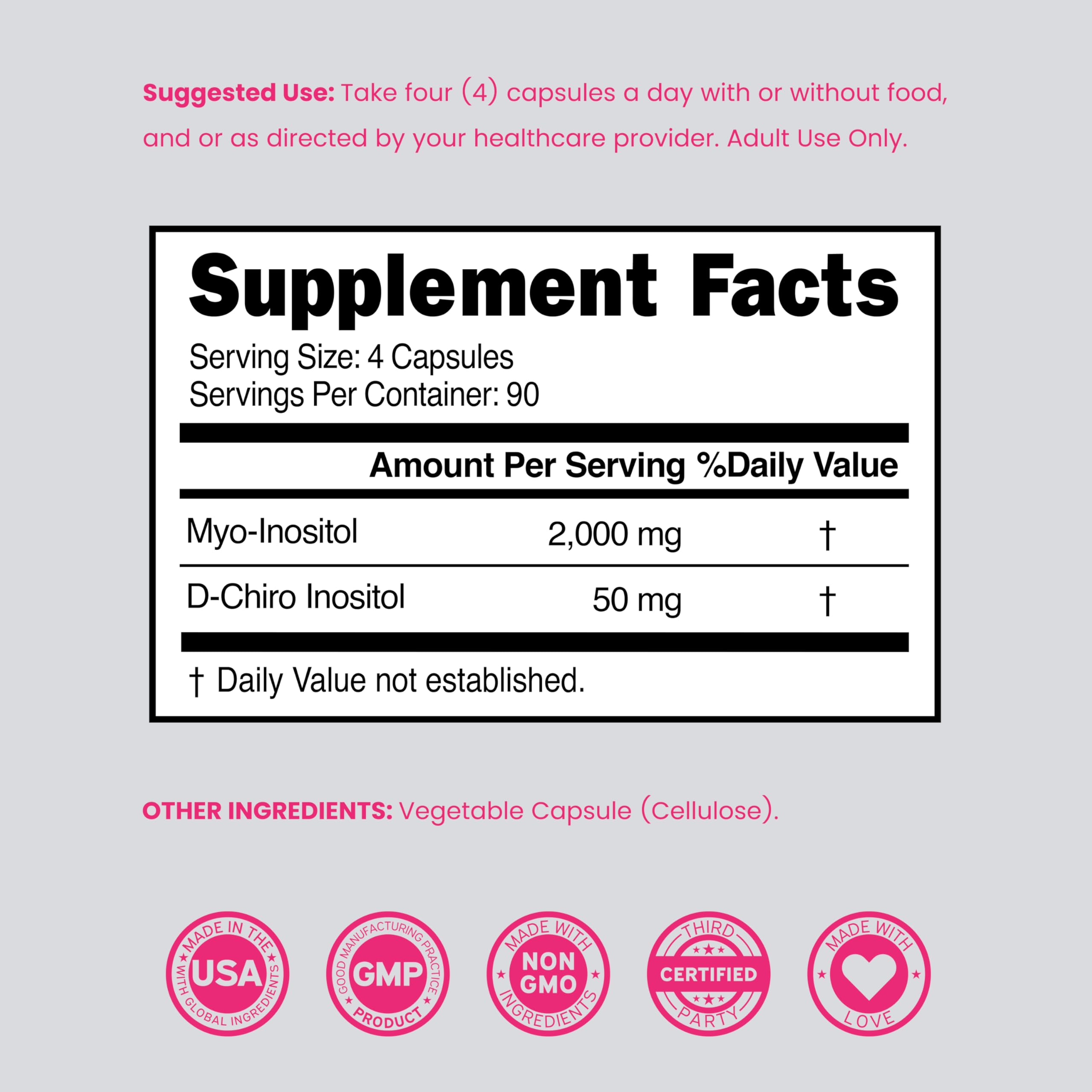 Myo-Inositol & D-Chiro Inositol Supplement For Women (360 Capsules, 2050mg Per Serving Ideal 40:1 Ratio Myo Inositol) Hormone Balance for Women - Third Party Tested, Vegan Safe & USA Made - 360 Count