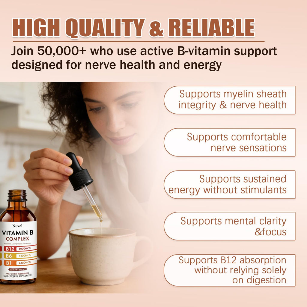 Nuvel Vitamin B Complex Drops with B12, B1, B6, Vitamin B Liquid Supplement
