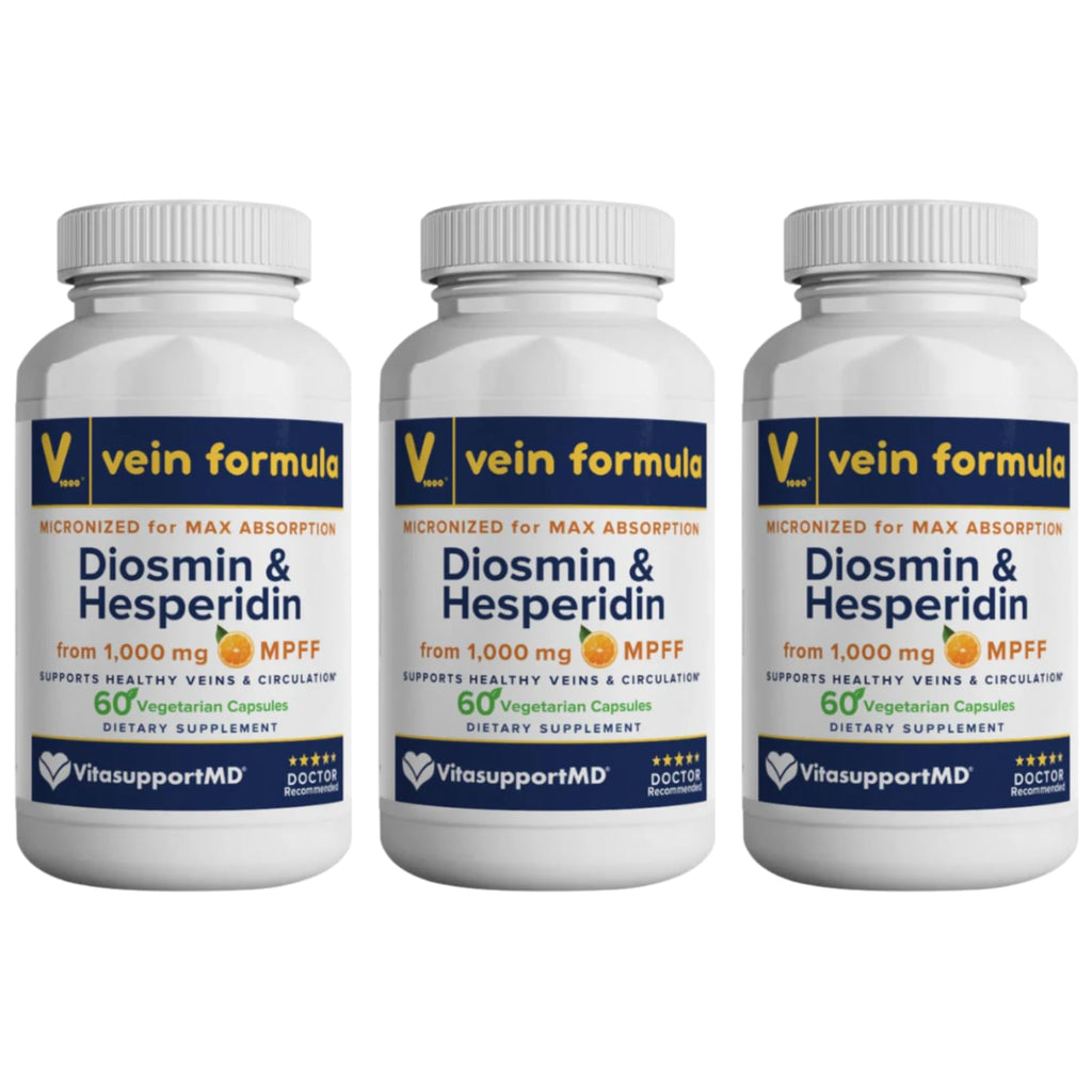 VITASUPPORTMD Vein Formula Diosmin Hesperidin 1000mg, Micronized Bioflavonoids for Healthy Blood Circulation, Vein Support Supplement for Legs and Feet, 180 Capsules (Pack of 3)