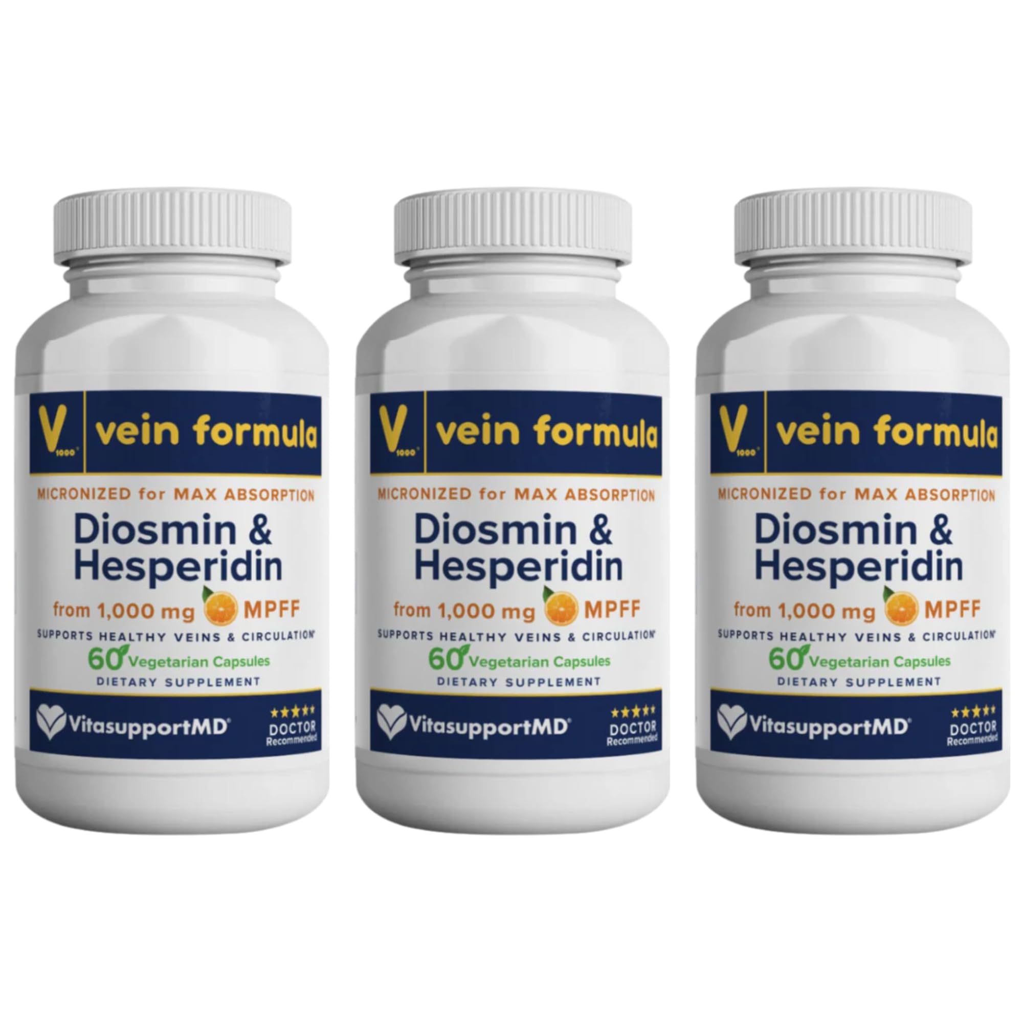 VITASUPPORTMD Vein Formula Diosmin Hesperidin 1000mg, Micronized Bioflavonoids for Healthy Blood Circulation, Vein Support Supplement for Legs and Feet, 180 Capsules (Pack of 3)