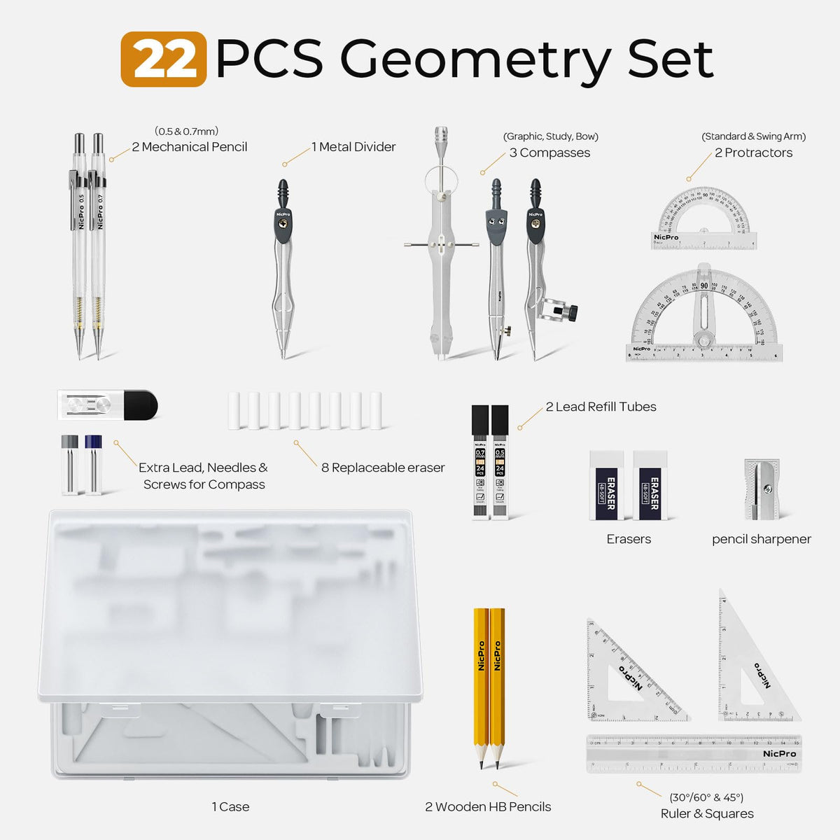 Nicpro 22 PCS Compass Geometry Tools with Case, Drafting Tool Geometry Set