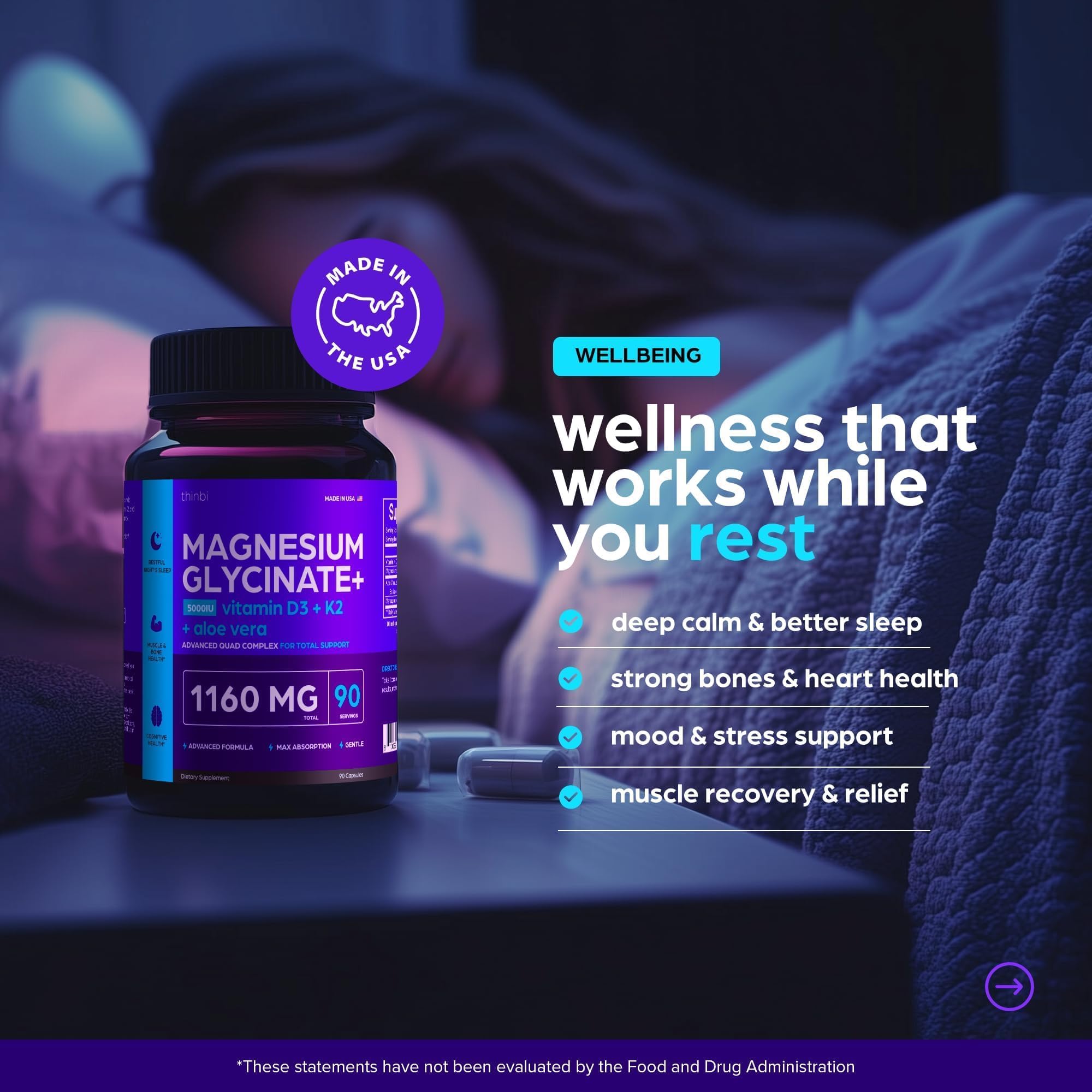 Thinbi Magnesium Glycinate Complex for Women & Men, D3, K2 & Aloe, 90 Caps