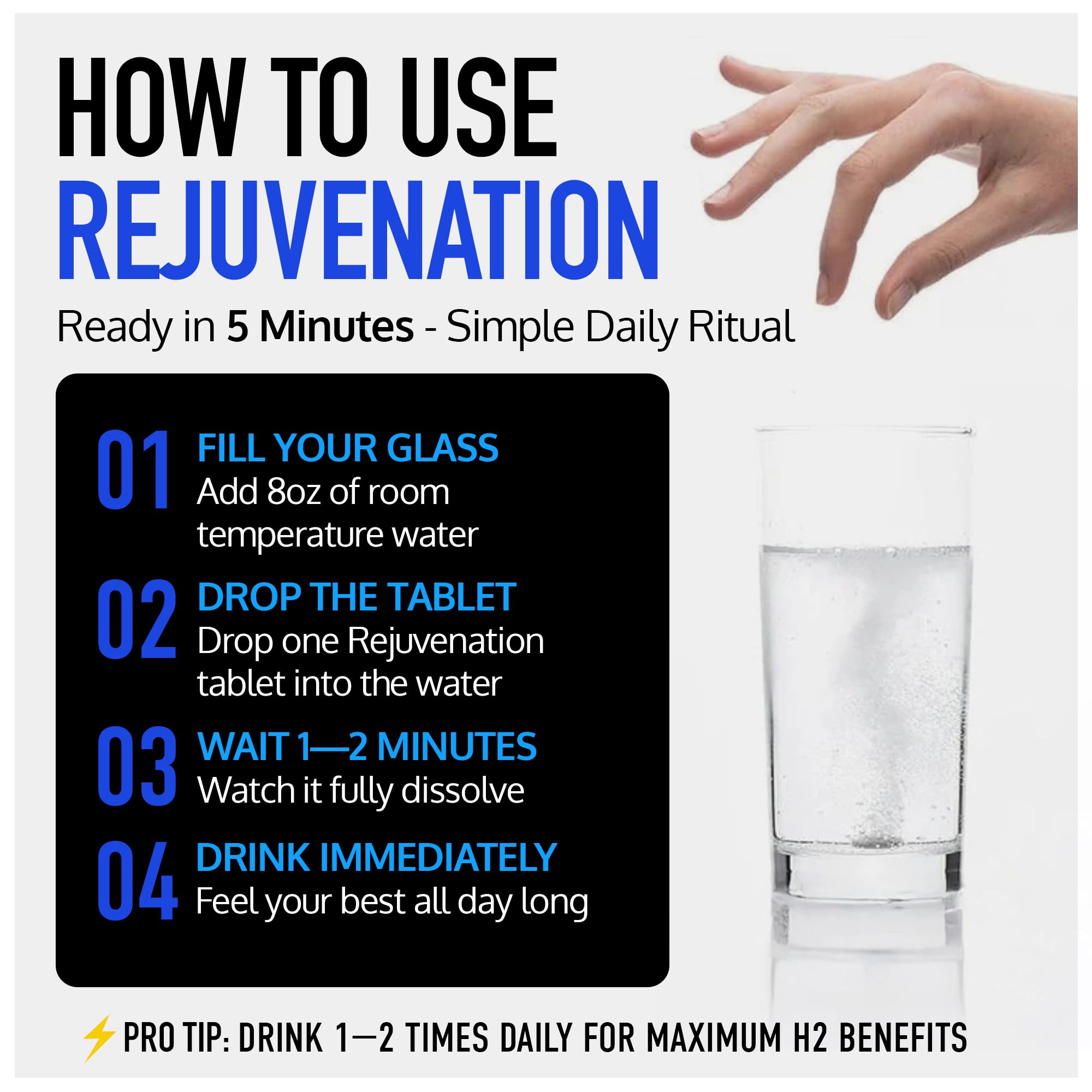 DrinkHRW REJUVENATION Molecular Hydrogen Water Tablets Unflavored, 60 Count | 12.4 PPM Hydrogen + Magnesium, Supports Energy, Recovery + Cognitive Function, Patented, USA Made, IHSA Certified