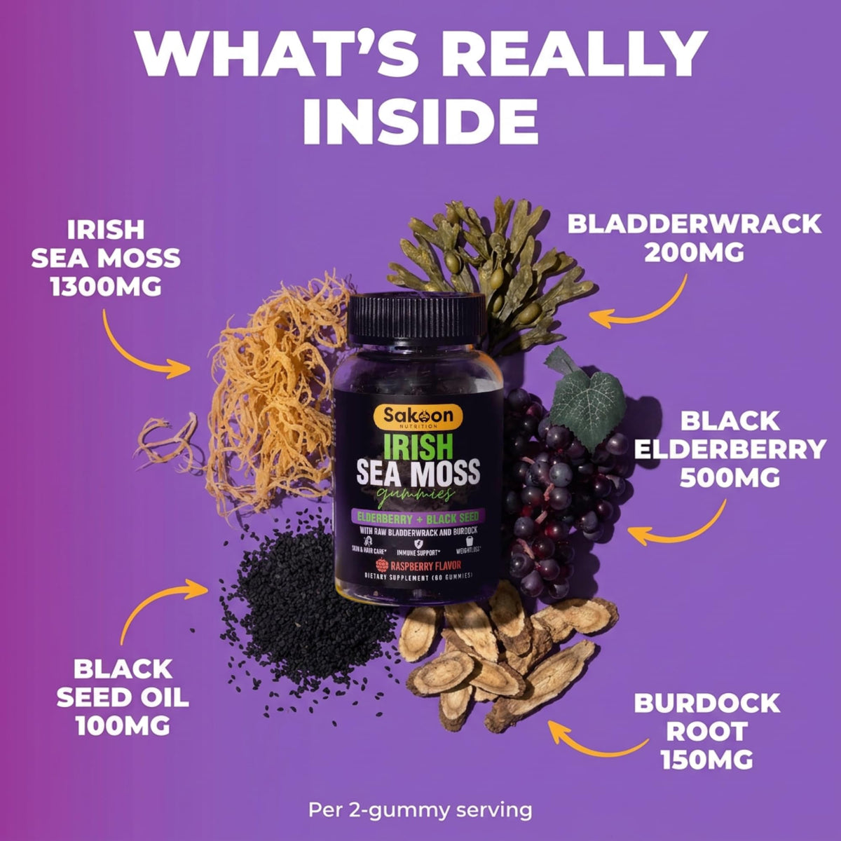 Sakoon nutrition Wildcrafted Irish Sea Moss Gummies with Bladderwrack, Burdock Root, Elderberry & Black Seed Oil – Vegan, Non-GMO – 60 Gummies