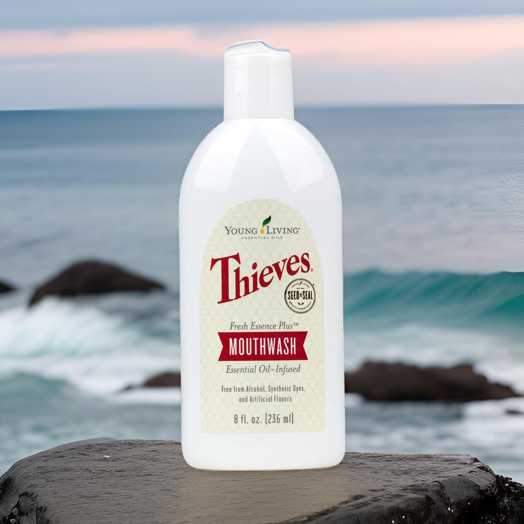 Young Living Thieves Fresh Essence Plus Mouthwash | 8 fl oz | Alcohol-Free and Fluoride-Free | Enhanced with Essential Oils | Peppermint, Rosemary, Lemon, & Cinnamon Oils