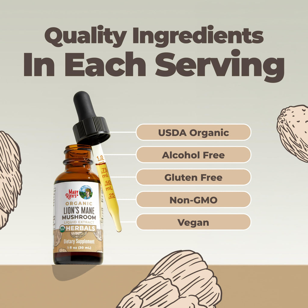 MARYRUTH'S Lions Mane Mushroom Supplement Liquid Drops 1 Fl Oz, Non-GMO | USDA Organic Lions Mane Extract 1,180mg, Nervine Herbal, Brain Health, Focus & Memory, Non-GMO