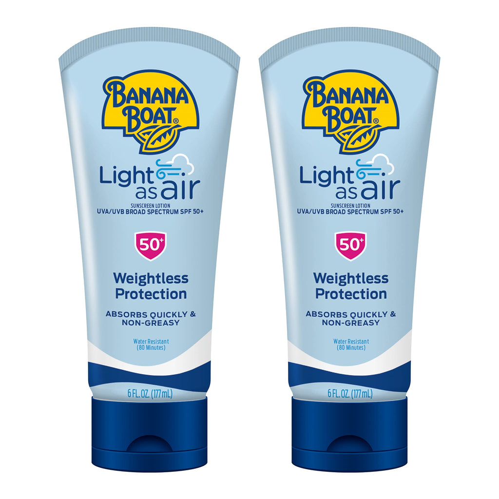 Banana Boat Light As Air Sunscreen Lotion SPF 50, 6 Fl Oz (2 Pack) | Water and sweat resistant sunblock, UVA/UVB broad spectrum protection, Lightweight formula, Sunscreen for face and body