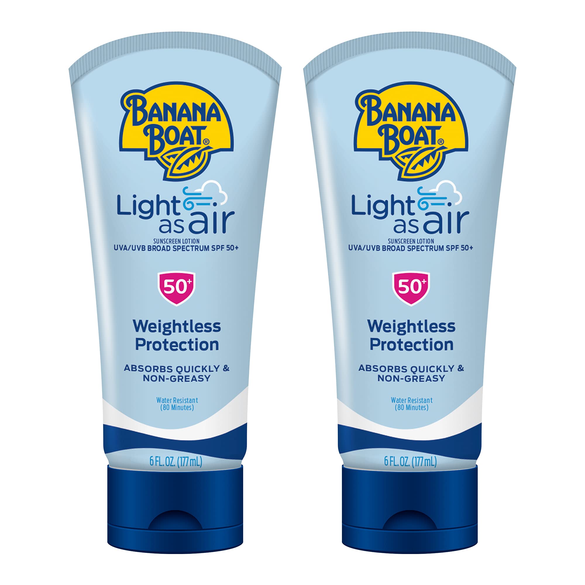 Banana Boat Light As Air Sunscreen Lotion SPF 50, 6 Fl Oz (2 Pack) | Water and sweat resistant sunblock, UVA/UVB broad spectrum protection, Lightweight formula, Sunscreen for face and body