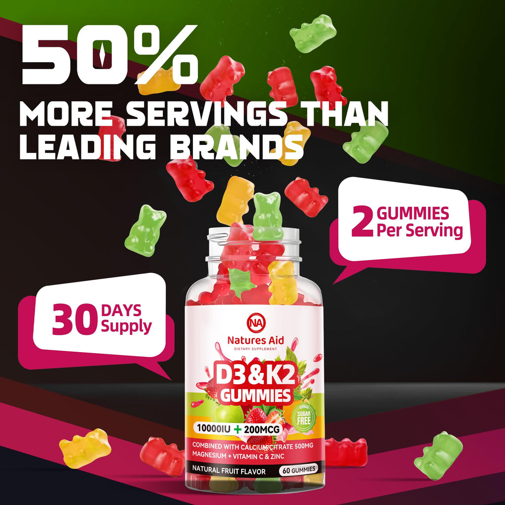 Natures aid Sugar-Free Vitamin D3 K2 Gummies with Calcium + K2 (MK-7), Magnesium Citrate, Vitamin C, Extra Strength - Ultimate Absorption for Bone Muscle Teeth Immune, Vegan - 120 Gummies