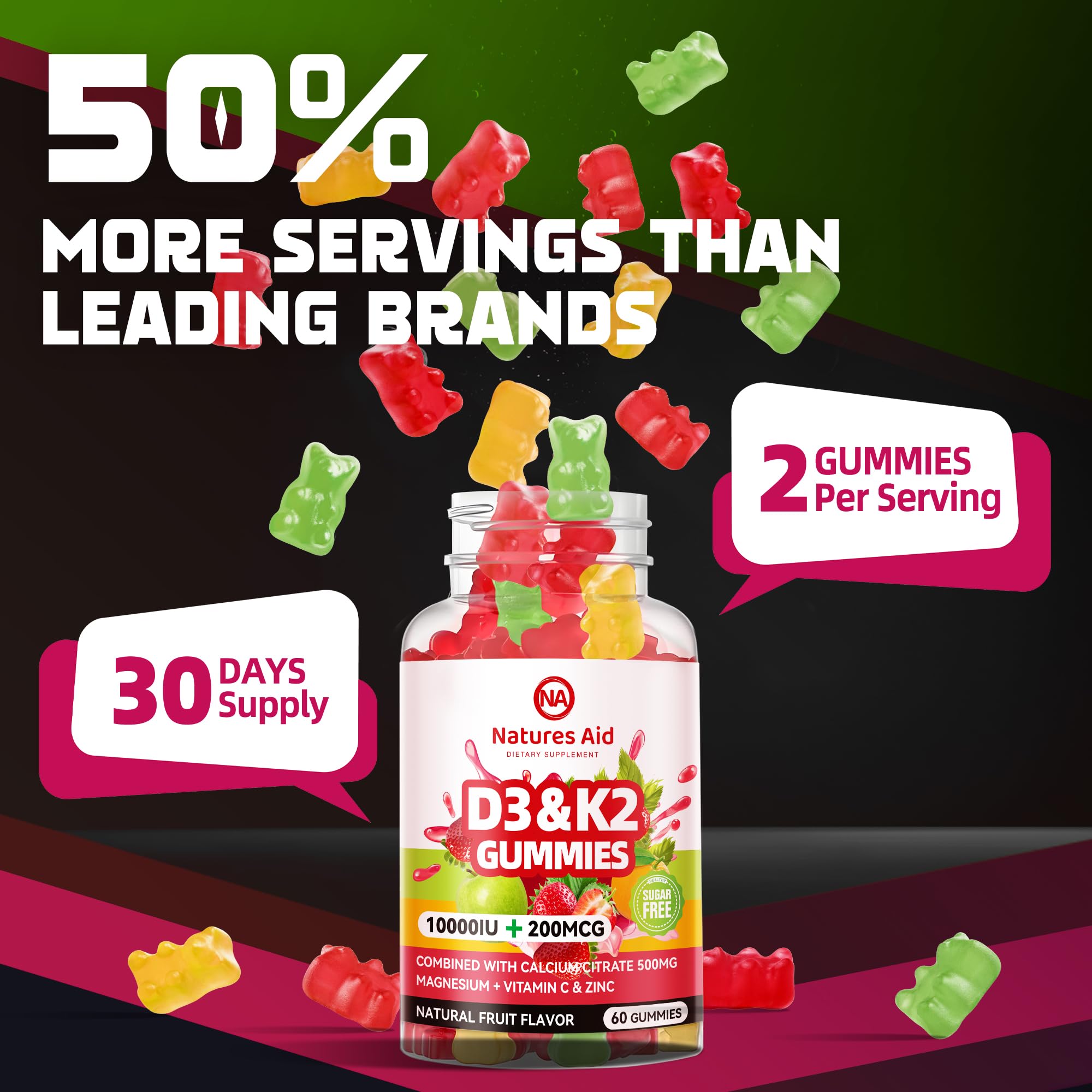 Natures aid Sugar-Free Vitamin D3 K2 Gummies with Calcium + K2 (MK-7), Magnesium Citrate, Vitamin C, Extra Strength - Ultimate Absorption for Bone Muscle Teeth Immune, Vegan - 120 Gummies