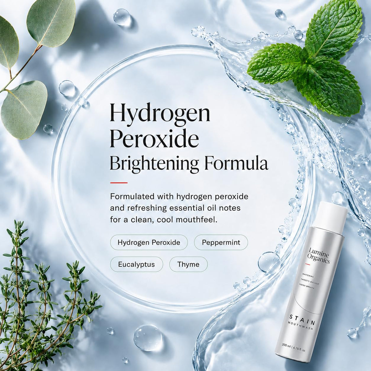 Lumine Organics Mouthwash, Hydrogen Peroxide Mouth Rinse Refreshing Mint Flavor, Helps Rinse Away Everyday Surface Stains 6.76 fl oz