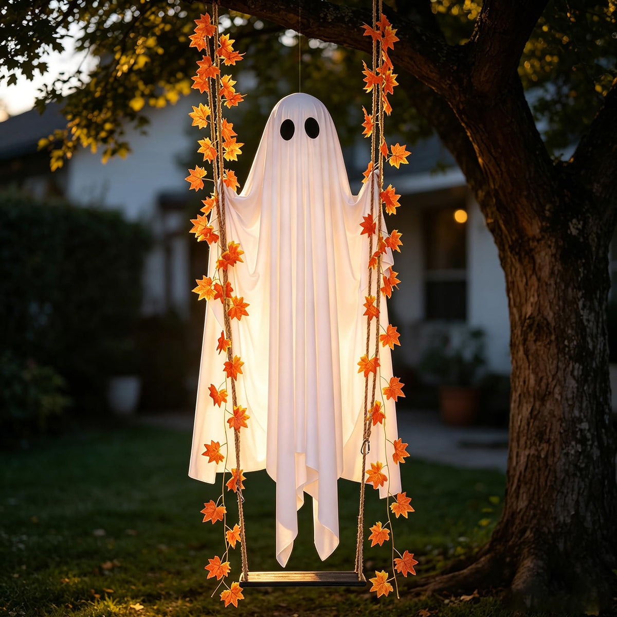 4.4 FT Swinging Ghost Halloween Decor - Outdoor Indoor Halloween Decorations with Ghost on A Swing for Outside Garden Yard Porch Tree, Hanging Large Spooky Cute Ghosts with String Lights for Party