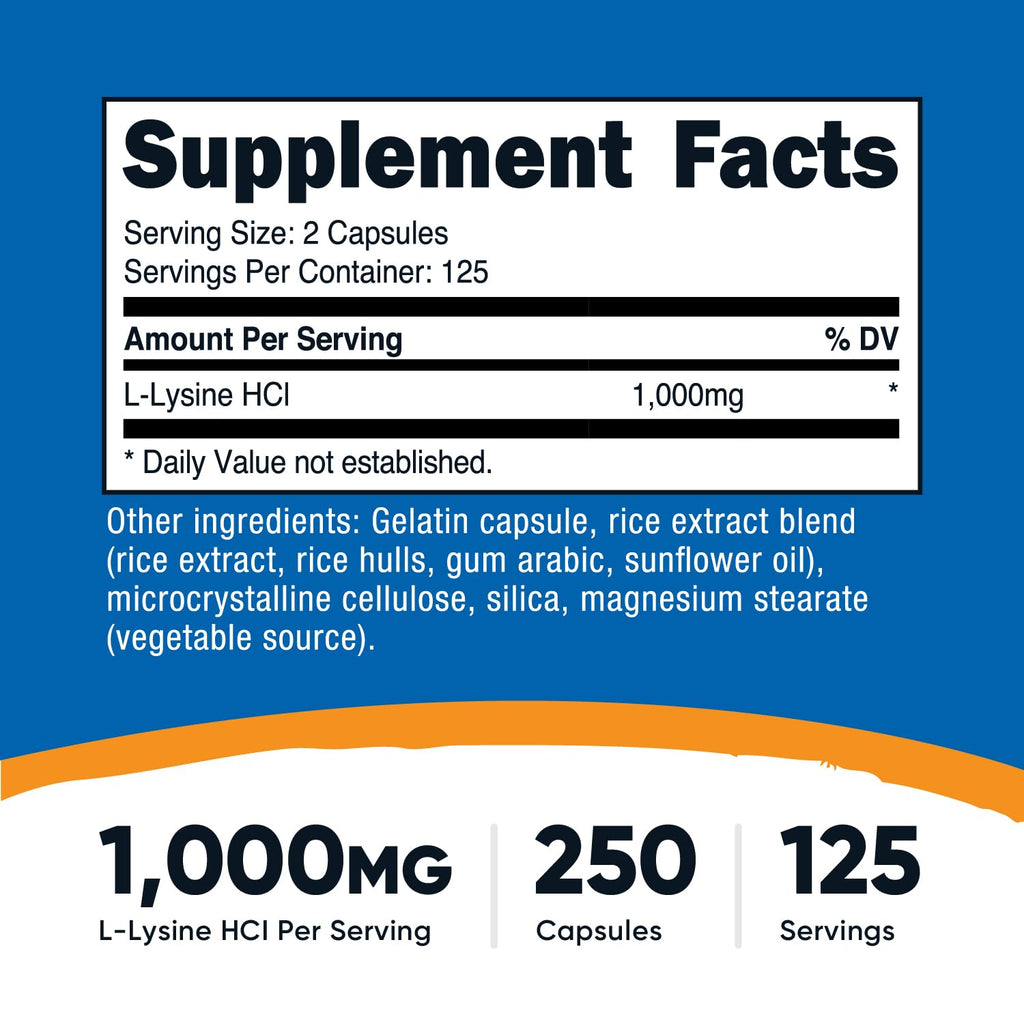 Nutricost L-Lysine 1000mg, 250 Capsules, 500mg Per Cap, Gluten Free | GMO-Free