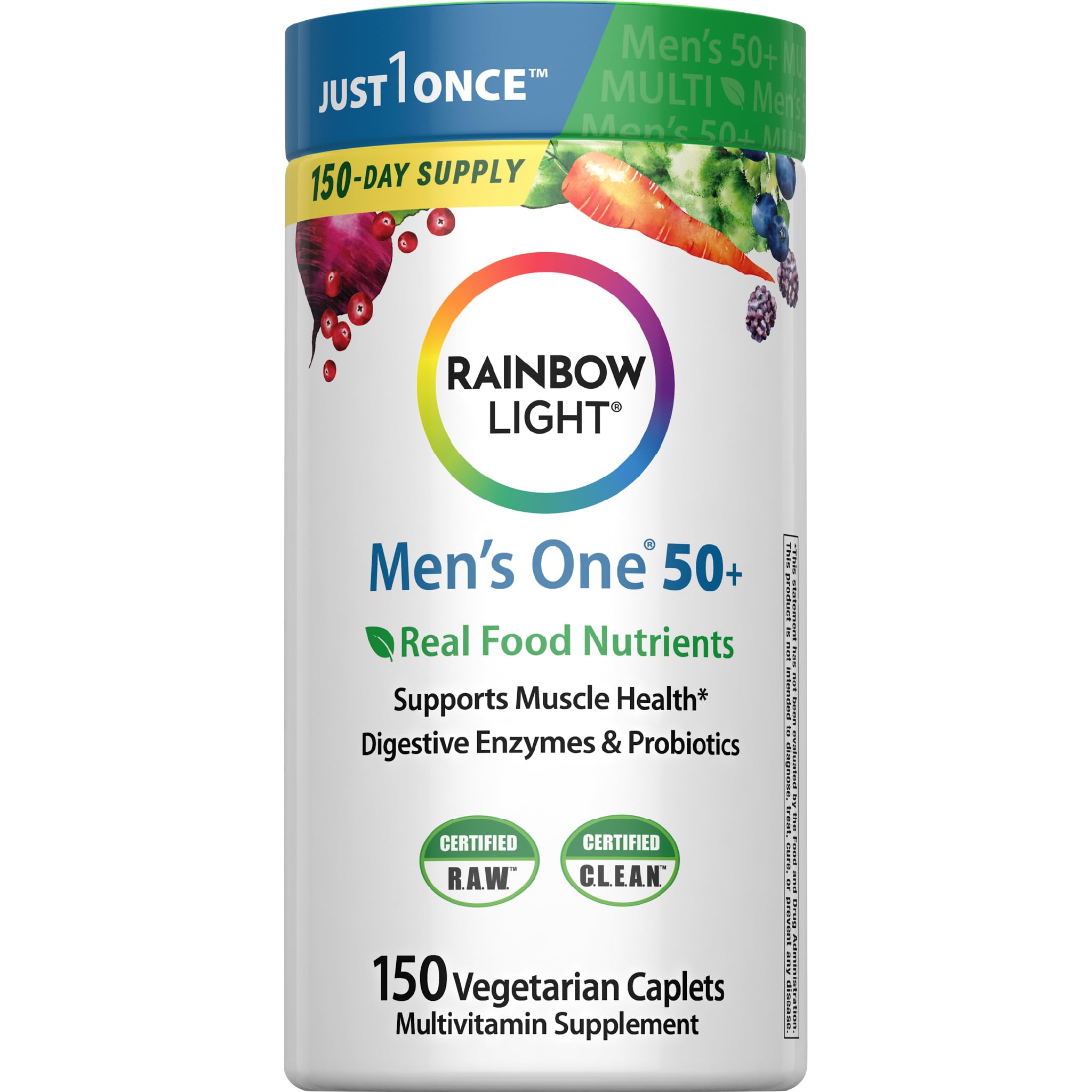 Rainbow Light Mens Multivitamin One + for 50 Plus | 60 Caplets | Supports Muscle Health | with Vitamins C, D, and Zinc | Real Food Nutrients, Digestive Enzymes & Probiotics