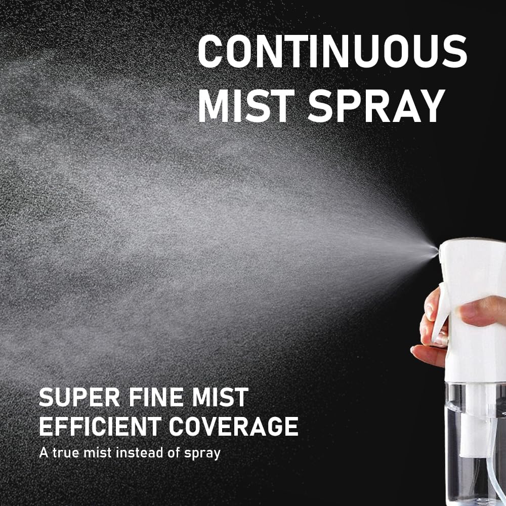 Continuous Spray Bottle for Hair, Refillable Gentle Mister (2 Pack, 6.8 Oz) | Long-Lasting Misting, Ultra-Fine Mist for Hairstyling, Cleaning Solutions, Planting, Pets, Barbers, Salons, Essential Oils
