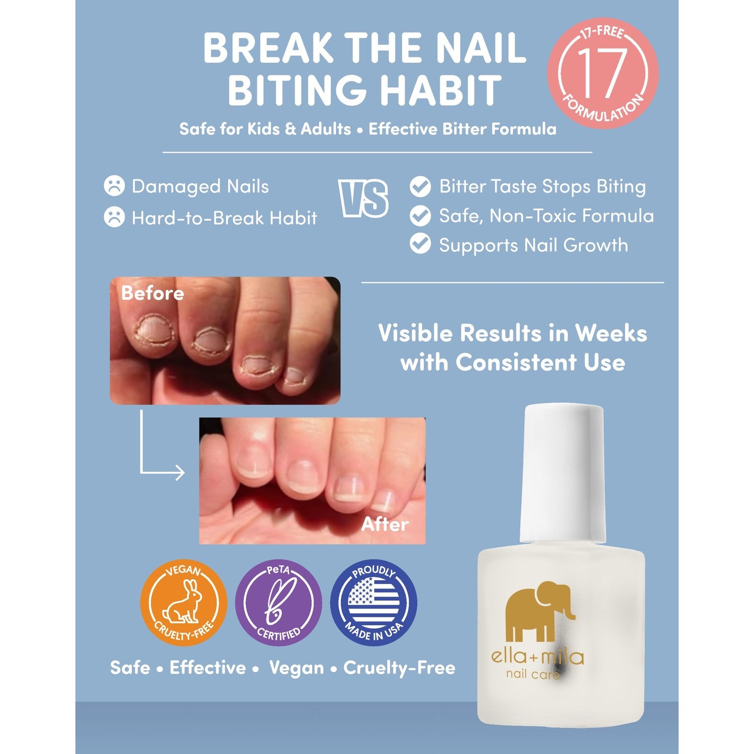 ella+mila No Bite Nail Polish - Kids Nail Biting & Thumb Sucking Prevention | Bitter-taste habit-breaker; deters nail biting & thumb sucking; clear brush-on; vegan; safe for kids & adults; 0.45 fl oz