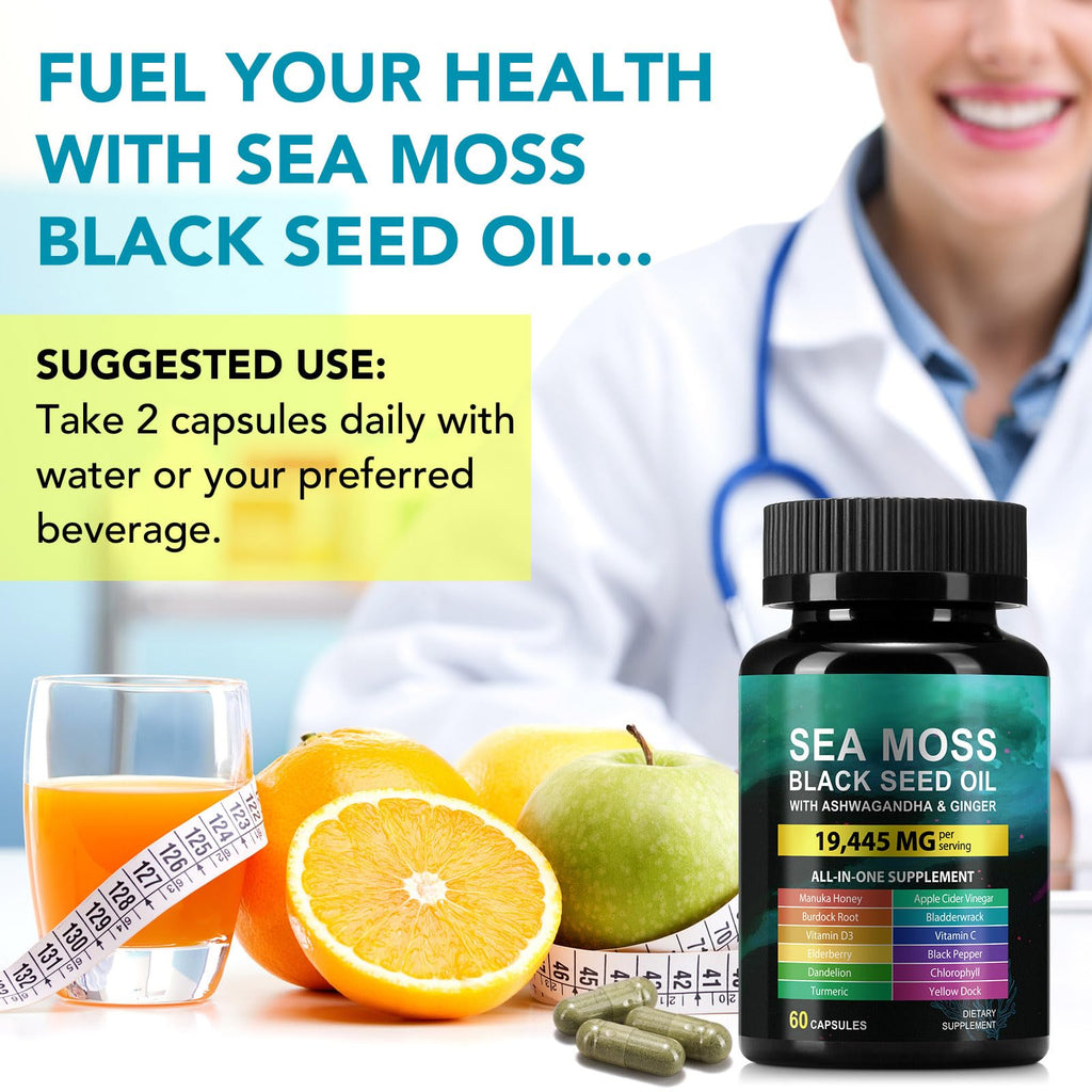 Sea Moss Black Seed Oil Ashwagandha Ginger, Sea Moss Capsule Supplement with Turmeric Burdock Root Bladderwrack Vitamin C Vitamin D3 Enhanced Immunity & Energy Black Seed Oil Capsule 60 Count