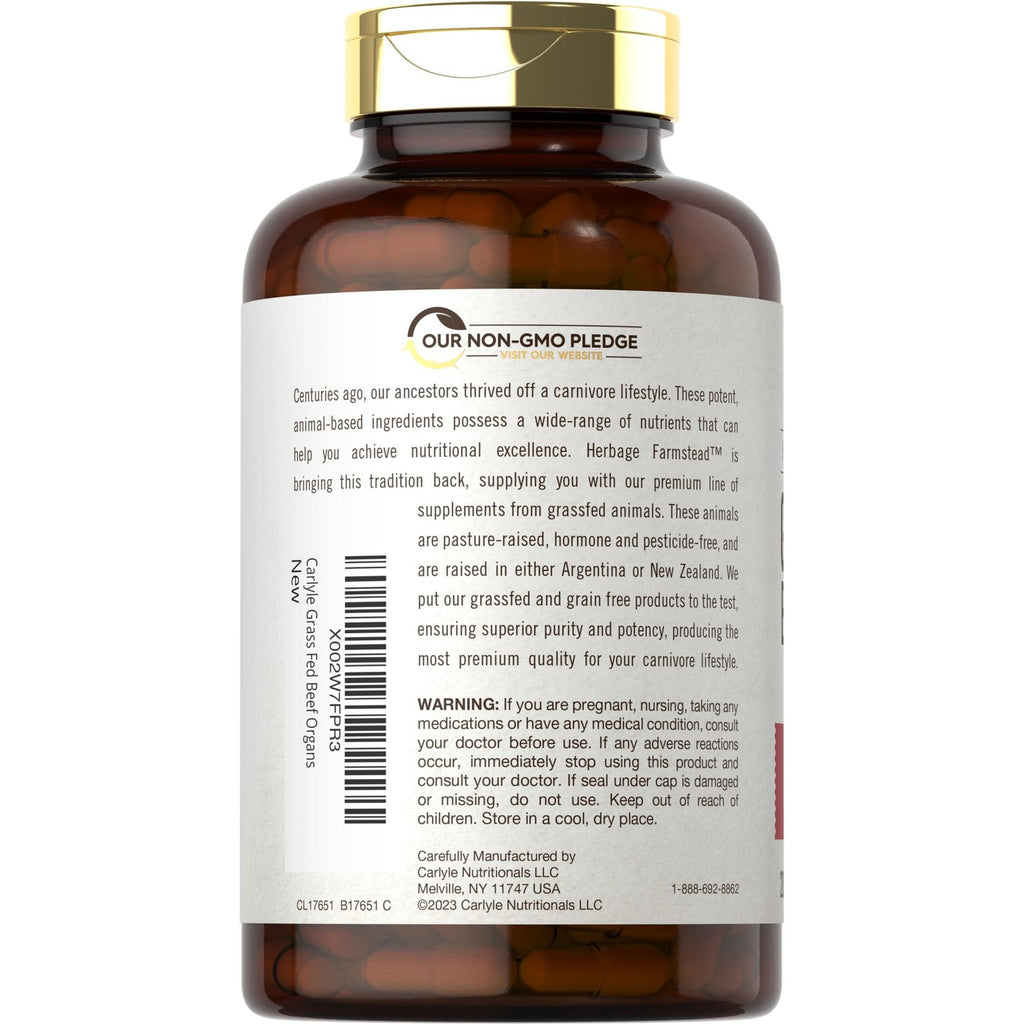 Carlyle Grass Fed Beef Organ Complex | 200 Capsules | Pasture Raised | Grain Free | with Desiccated Liver, Kidney, Pancreas, Heart, Spleen | Non-GMO, Gluten Free | by Herbage Farmstead