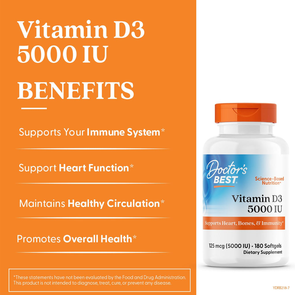 Doctor's Best Vitamin D3 5000IU, Non-GMO, Gluten & Soy Free, Regulates Immune Function, Supports Healthy Bones, White, No Flavour, 180 Count