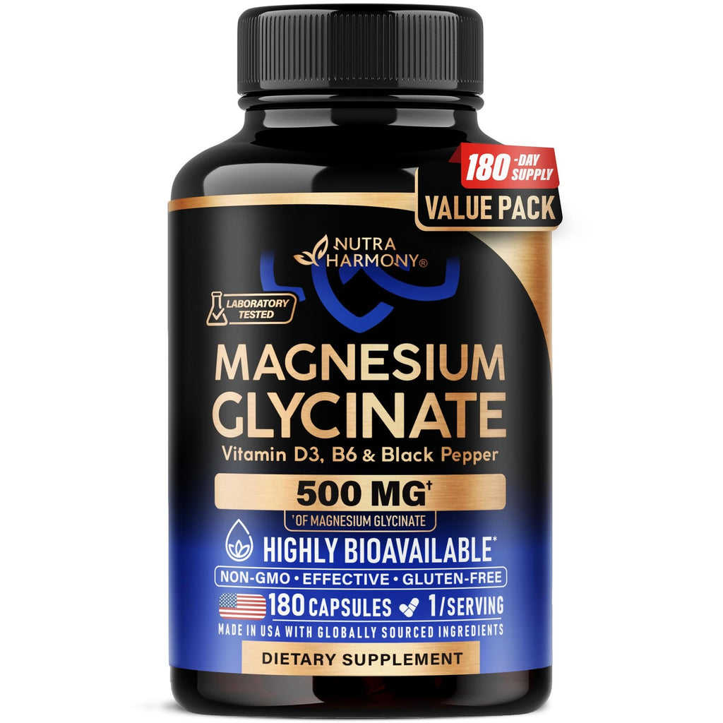 Magnesium Glycinate 500mg - VIT. B6 & D3 - Sleep, Muscle & Heart - 240 Caps | Magnesium Bisglycinate - Chelated High Absorption with Black Pepper - Magnesium for Women & Men - Lab Tested & Non-GMO