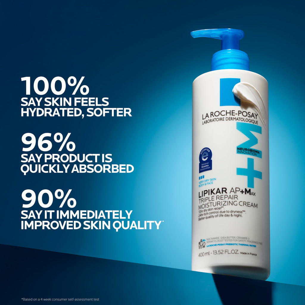 La Roche-Posay Lipikar AP+Max Triple Repair Moisturizing Body Cream,13.52oz | Face and body lotion for dry skin with shea butter and niacinamide to help moisturize and support the skin barrier.