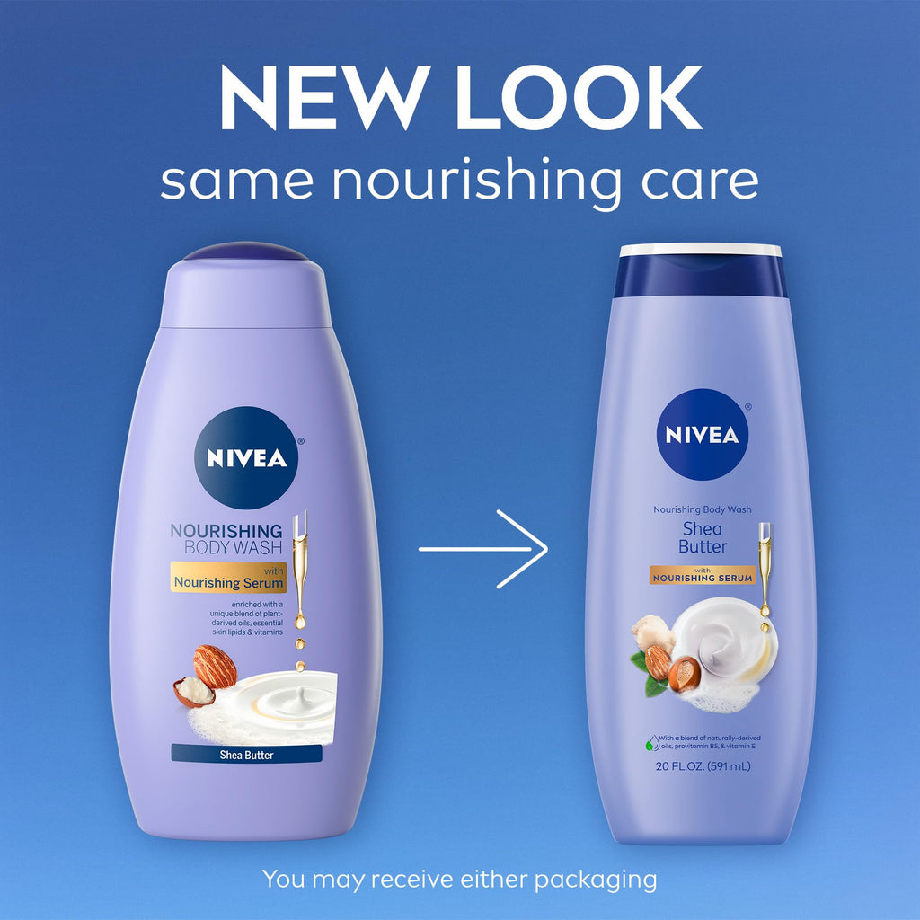 NIVEA Nourishing Shea Butter Body Wash, Nourishing Serum, 20 FL OZ | Moisturizing Body Wash Enriched with Provitamin B5 and Vitamin E, for Softer Skin, Shaving Cream Alternative